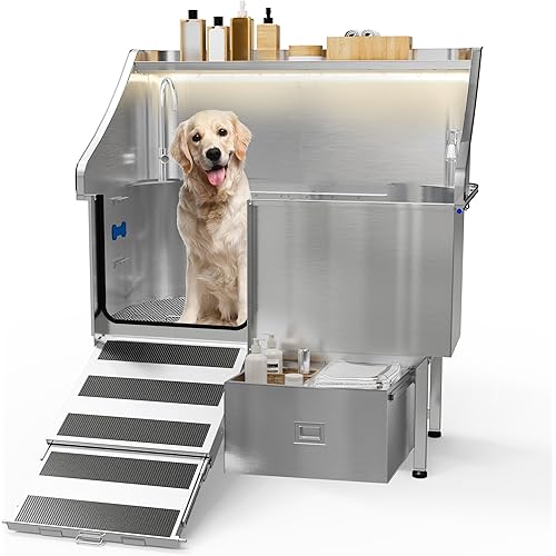 50'' Dog Washing Station - 304 Stainless Steel, LED Dog Bathing Station with Ramp, 2 Drawer, Floor Grate & Lick Pad for Large, Medium & Small Dogs