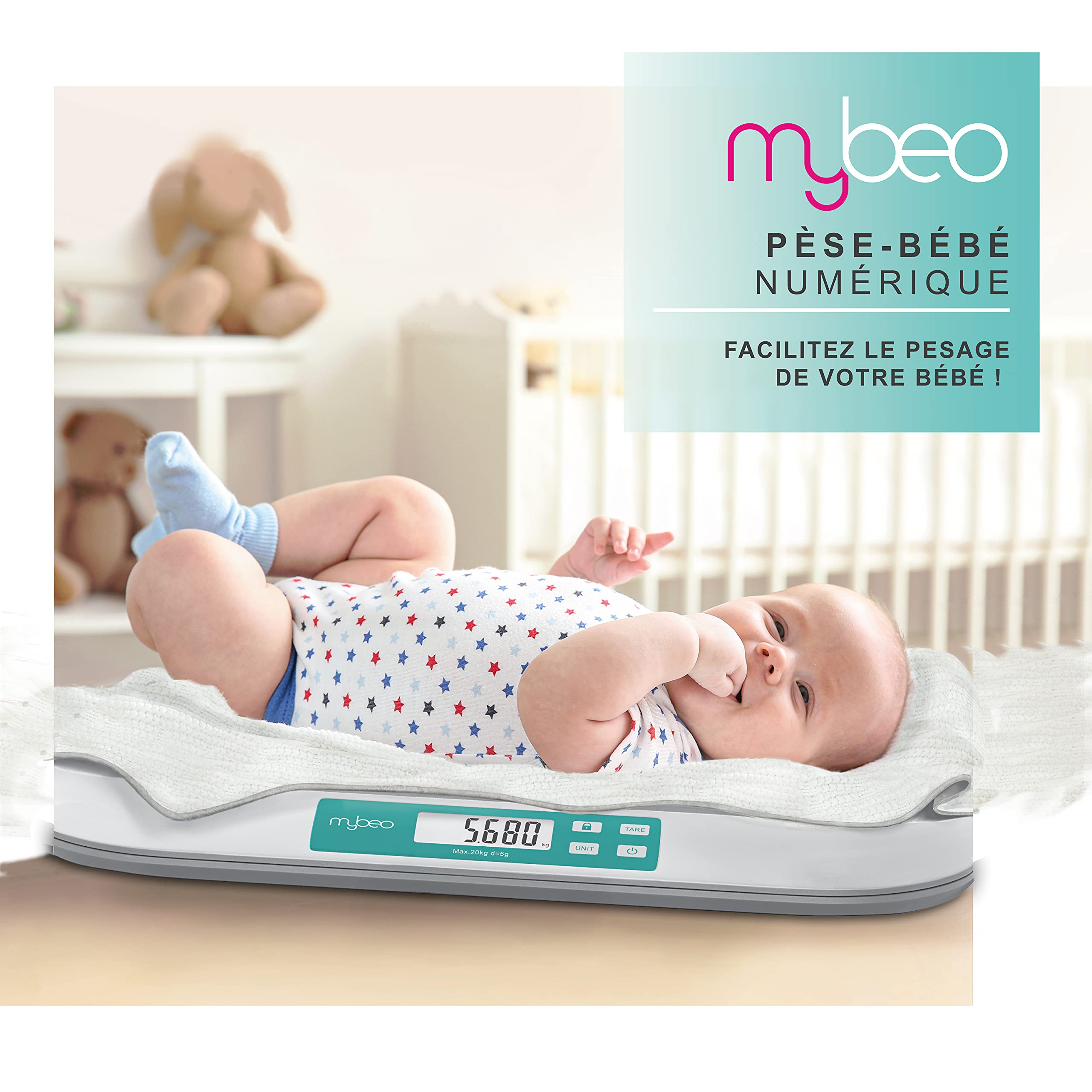 Pèse-bébé électronique - Balance pour petits enfants et animaux domestiques - Pèse-personne numérique - 54 x 26 cm - Poids jusqu'à 20 kg avec une précision de 5 grammes - Fonction tare - blanc