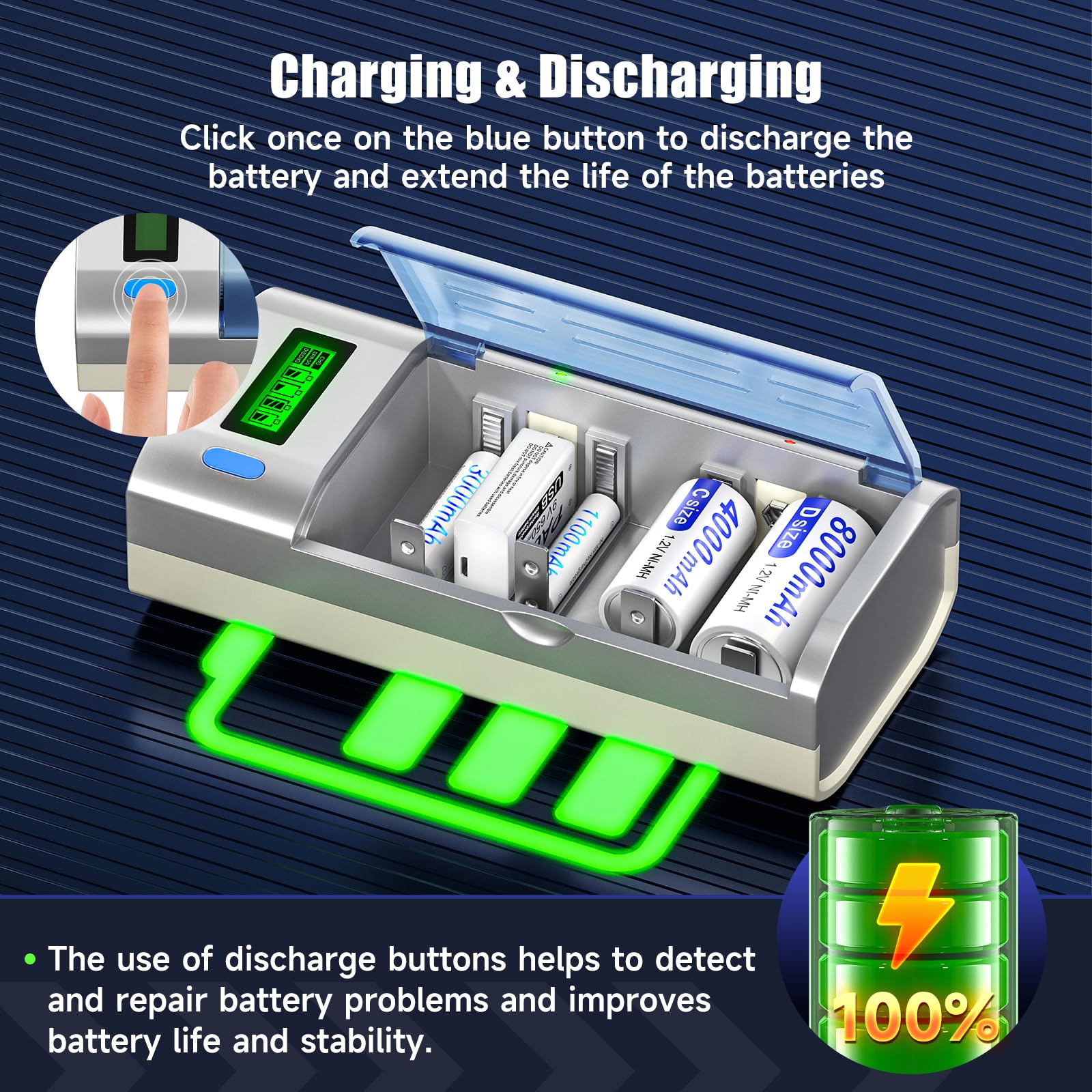 Lot de 6 piles rechargeables D 1,2 V 8000 mAh NiMH avec chargeur de batterie LCD universel pour piles rechargeables AA AAA C D 9 V NiMH NiCD avec fonction de décharge