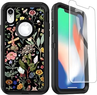 Compatible for iPhone XR Case with Screen Protector Cute Floral Design Shockproof Full Body Heavy Duty Protective Case for Girls Women, Black Flowers