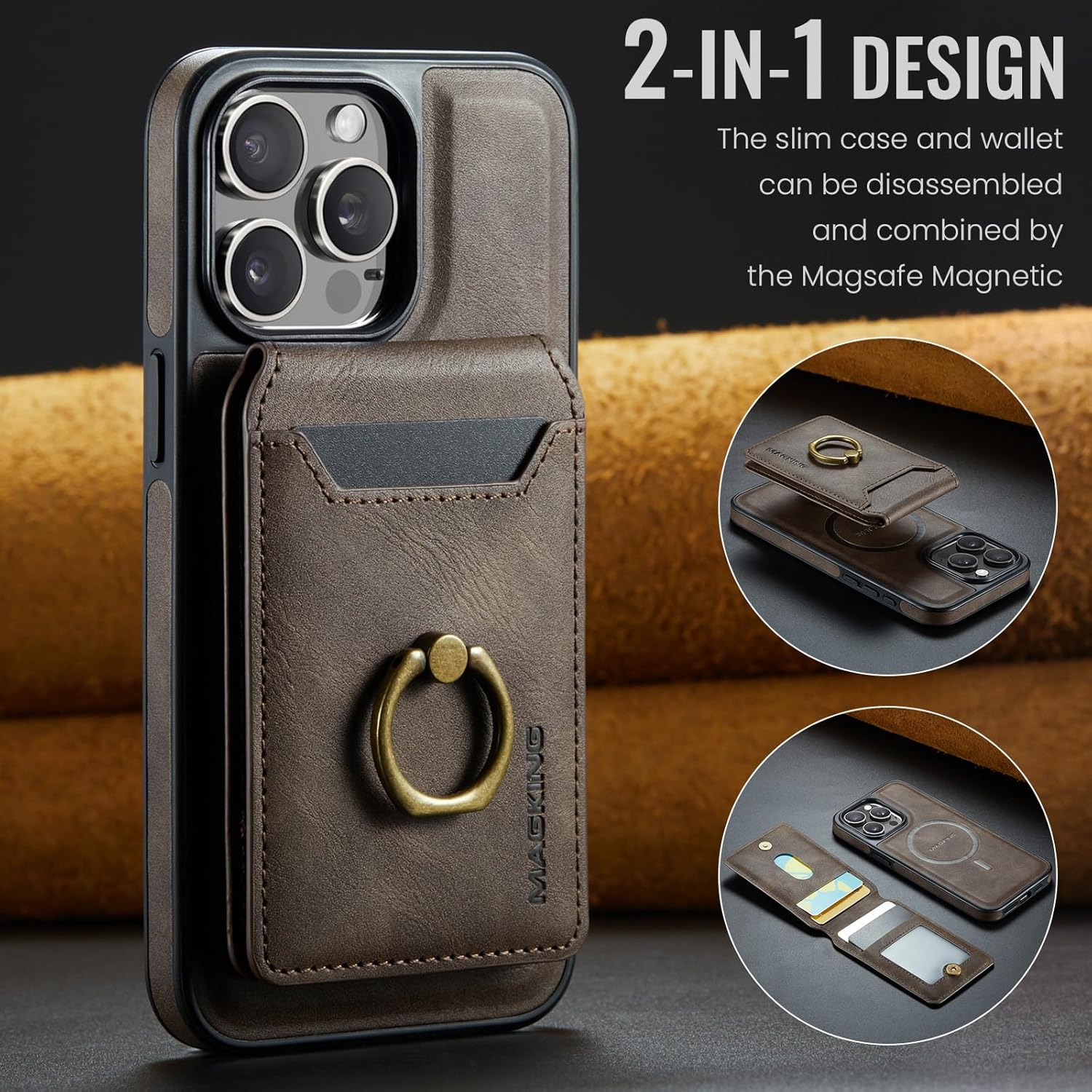 SZHAIYU 2 in 1 Detachable Magnetic Phone Cases Compatible with iPhone 16 Pro Max Case with Card Holder Ring, Compatible with Magsafe Wallet, Leather Men 6.9'' RFID Blocking (Coffee,iPhone 16 Pro Max) - Image 9