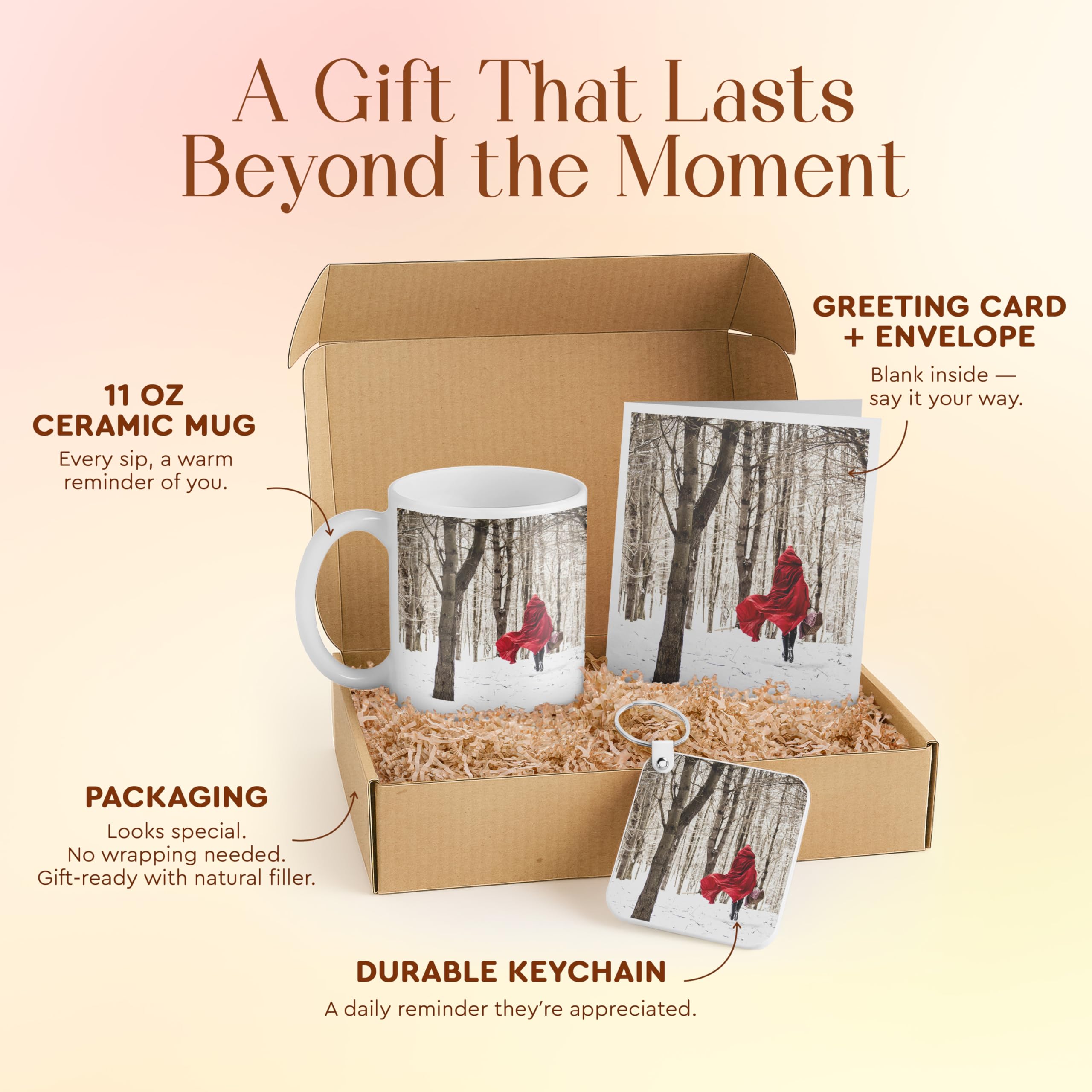 3dRose Little Red Riding Hood Gift Set with Mug, Card, and Keychain - Perfect for Children's Birthdays and Winter Holidays