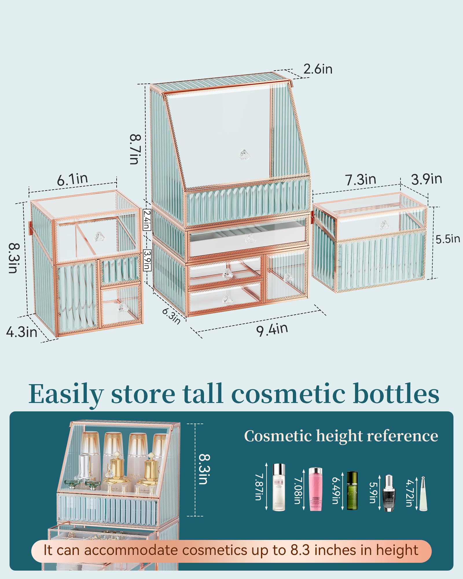 Youdepot Extra Großer Make up Organizer 5-teilig, Kosmetik Organizer aus gehärtetem Glas mit Schubladen, Schmuckbox, Pinselhalter, Skincare, Lippenstift und Parfüm