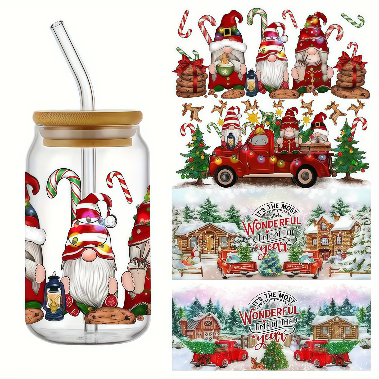 4pcs Christmas Snata Tree UV DTF Cup Wraps Transfer Waterproof Sticker for Glass Cups Furniture Craft DIY Crafts，Rub on Transfer Stickers for DIY Water Bottle Laptop Decal Wood Car