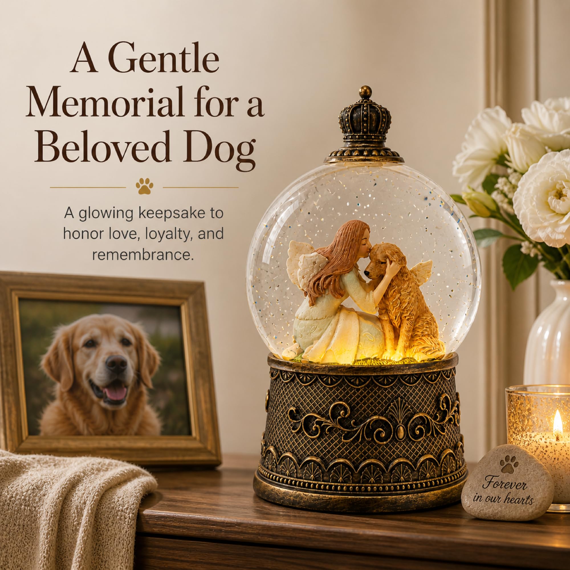 Boule à neige avec musique, boules à neige en forme de chien avec effets scintillants, alimentation USB/batterie avec minuterie de 6 heures, décorations de Noël (noir brossé doré)