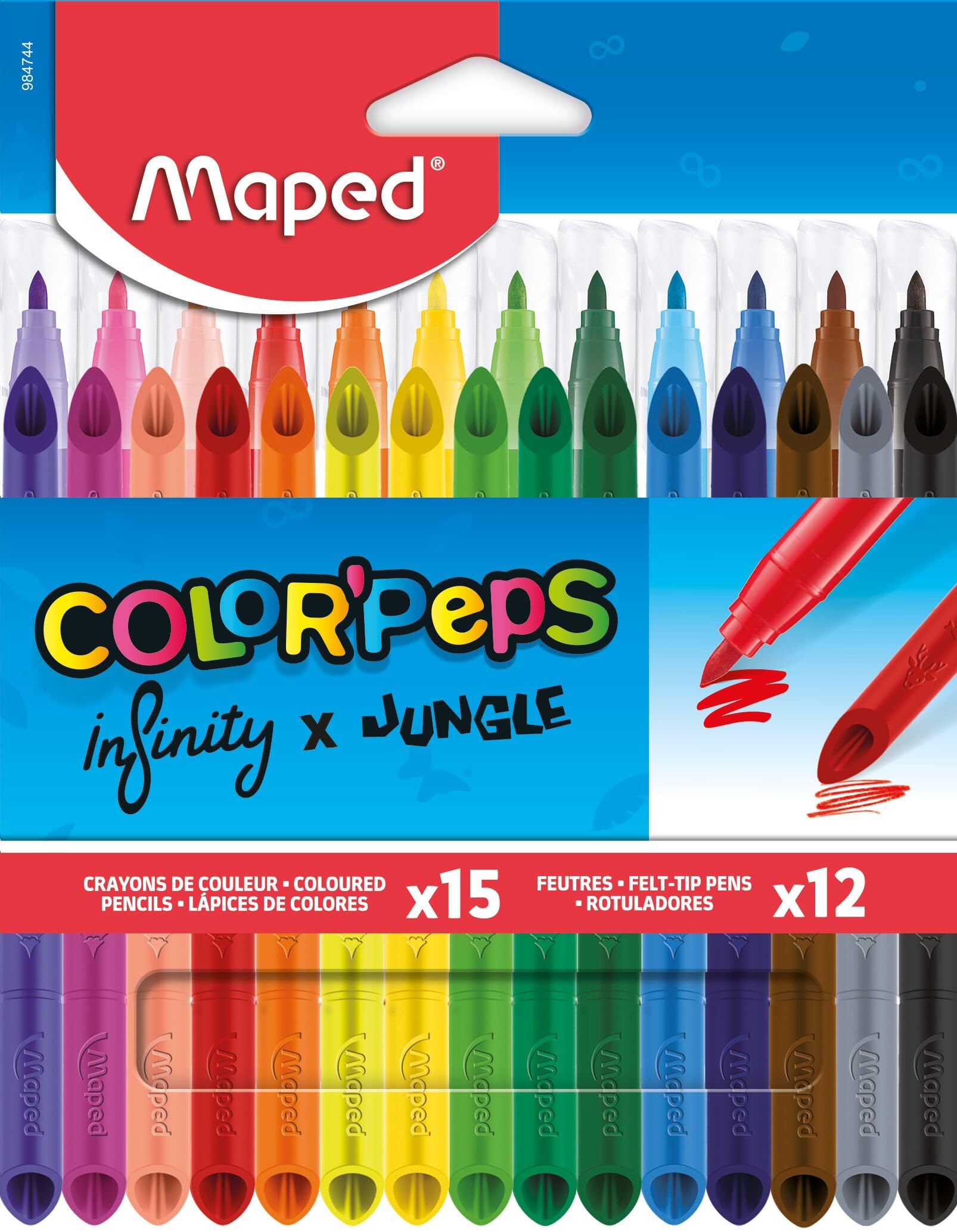 Maped - Color'Peps Combo Pack - 15 Infinity coloured pencils + 12 washable and dry-resistant felt-tip pens - Medium point blocked - Bright colours - Cardboard pouch