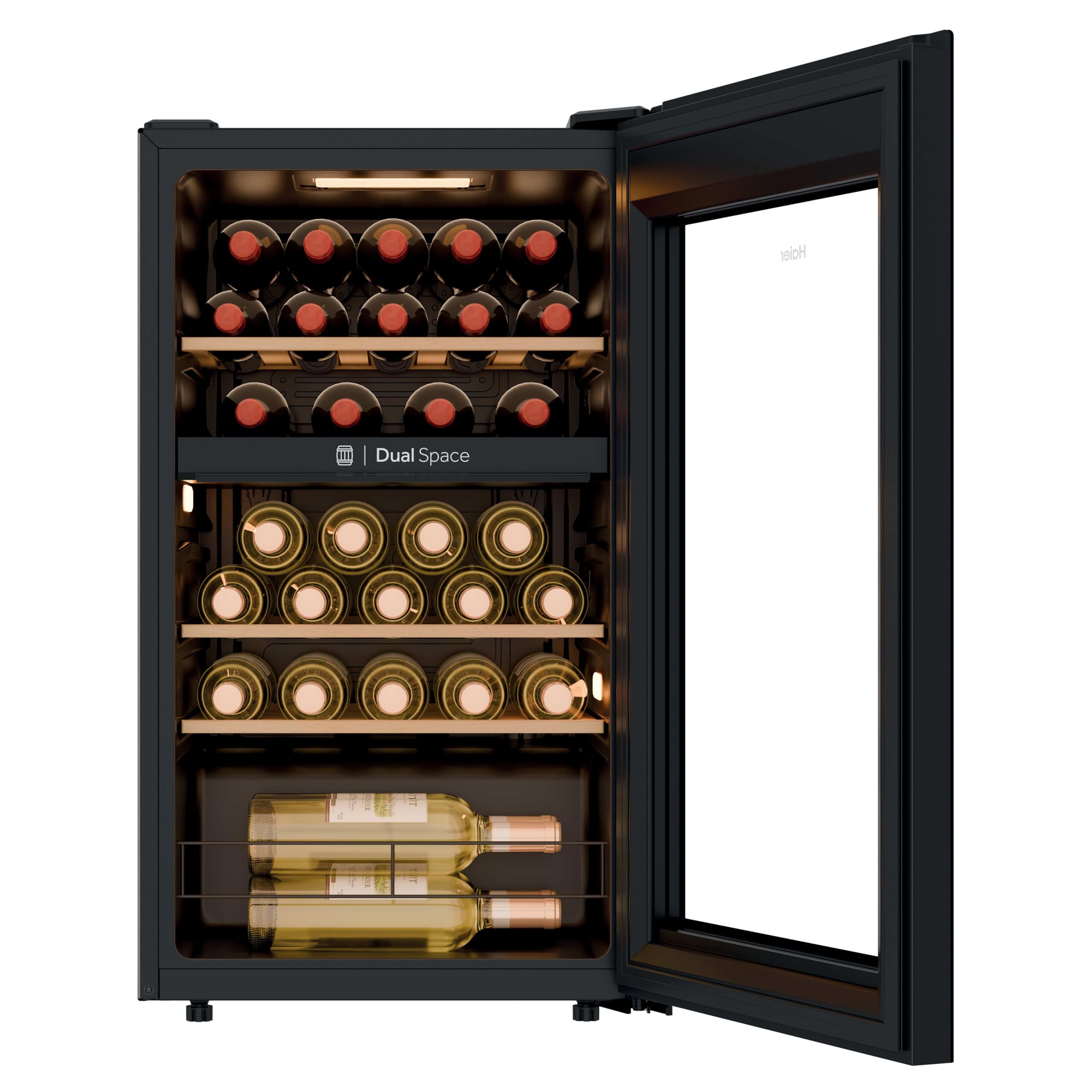 Haier Wine Bank 50 Series 5 HWS32GDG - Vetrina da 32 bottiglie, 2 zone indipendenti, ripiani in legno, filtro anti-UV, sistema anti-vibrazione, display digitale, illuminazione a LED, 37 dbA, nero