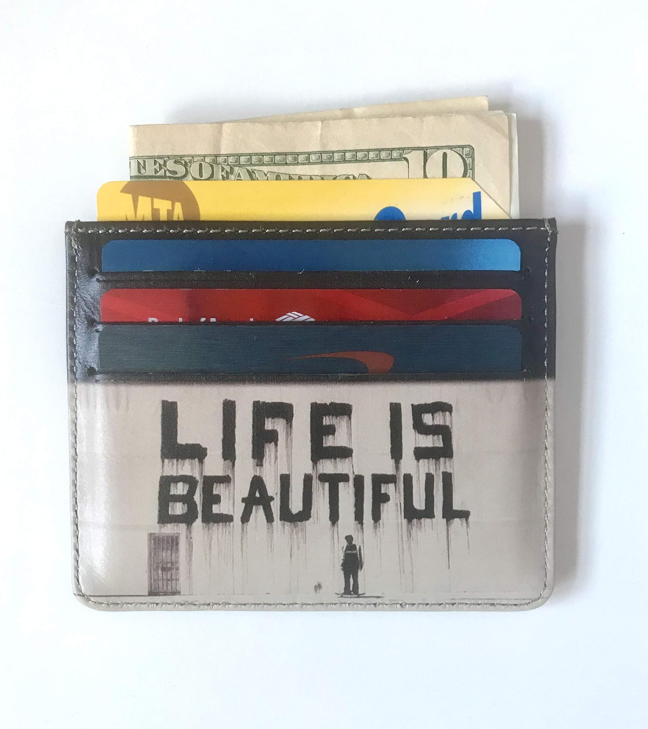 Life is Beautiful Card Holder Banksy Graffiti Art Card Holder Slim Card Case Genuine Leather