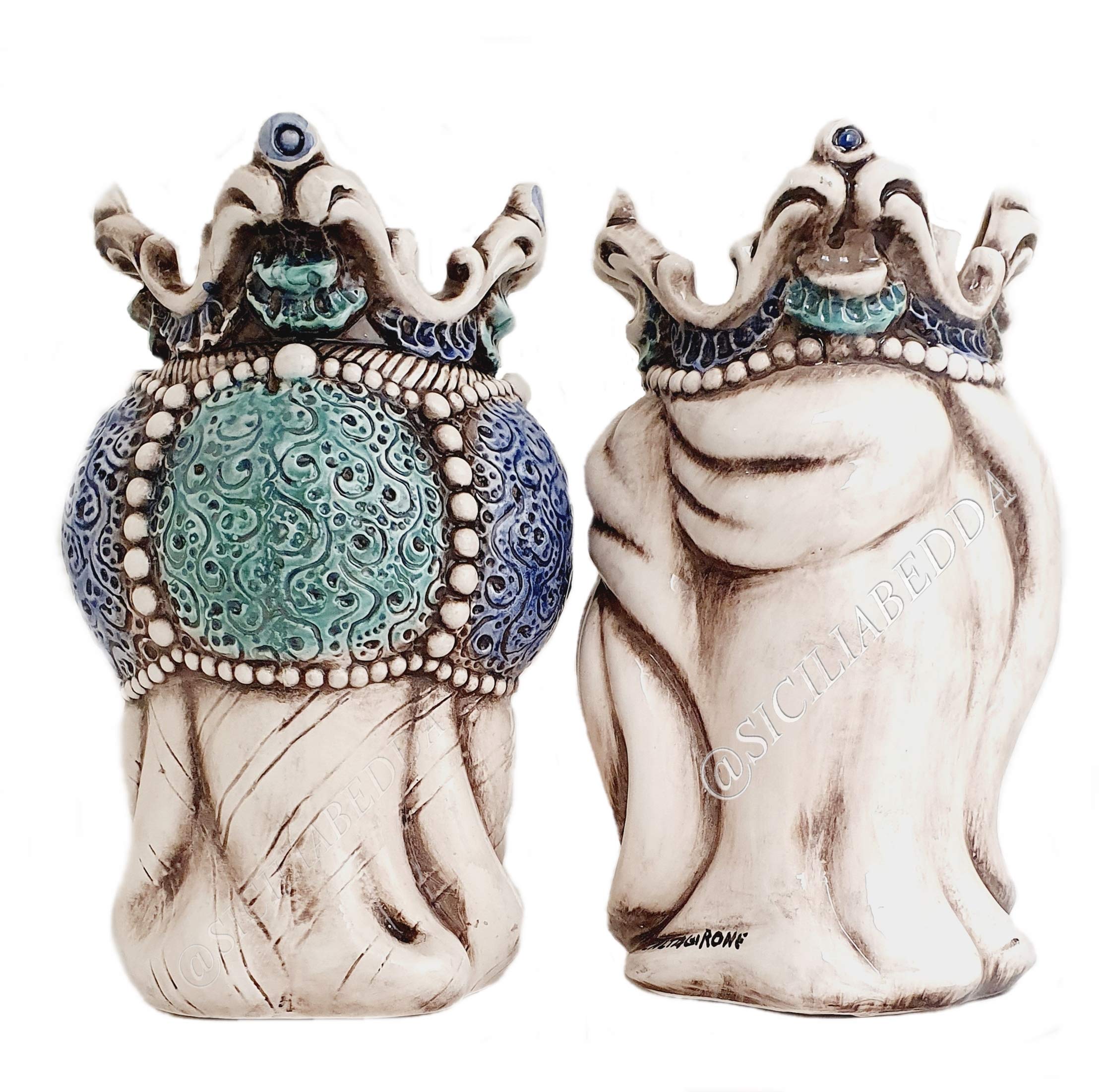 sicilia bedda - Teste di Moro Siciliane in Ceramica di Caltagirone - Realizzato Interamente a Mano - Altezza 18 Centimetri (Coppia Teste di Moro Blu)