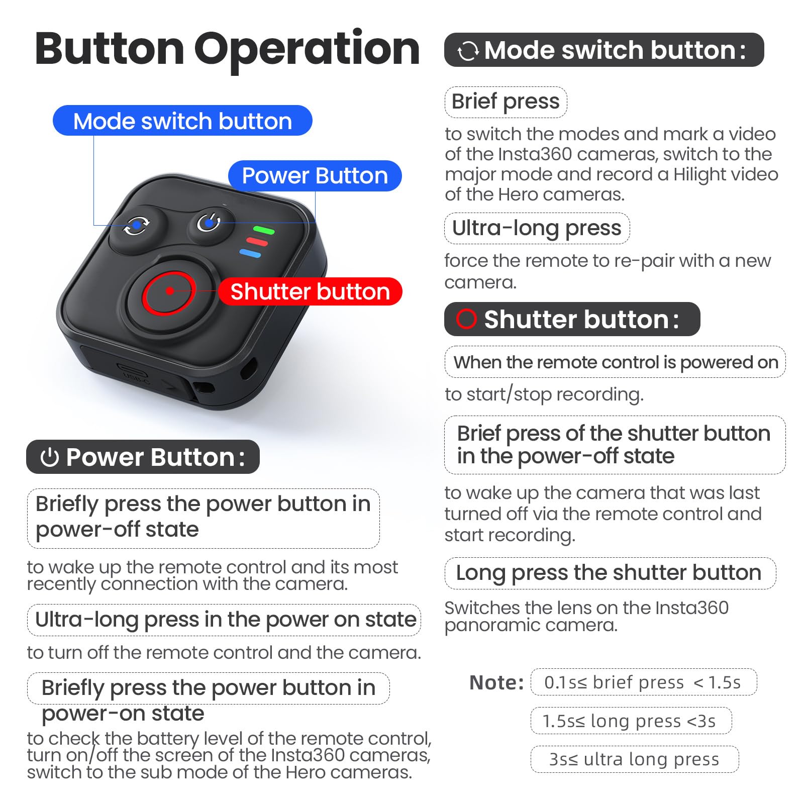 Telecomando Bluetooth senza fili intelligente per GoPro Hero 13/12 e Insta360 X5/GO 3S/Ace Pro 2, controllo otturatore impermeabile con cavo di ricarica