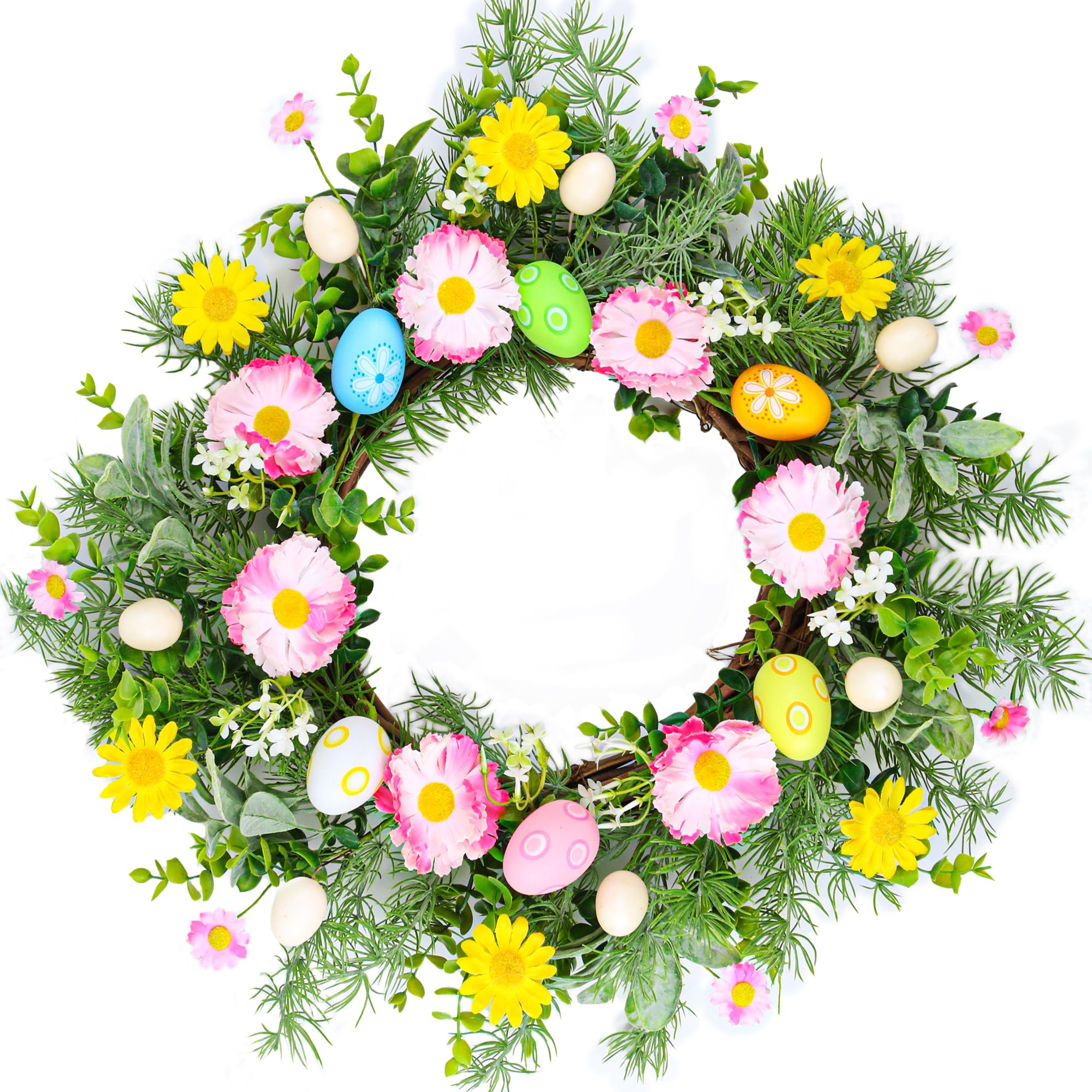 Easter Wreath with Colorful Eggs, 20 inches Easter Wreaths for Front Door, Easter Eggs Door Wreath for Easter Decor, Spring Daisy Wreath for Easter Decorations, Easter Floral Arrangement