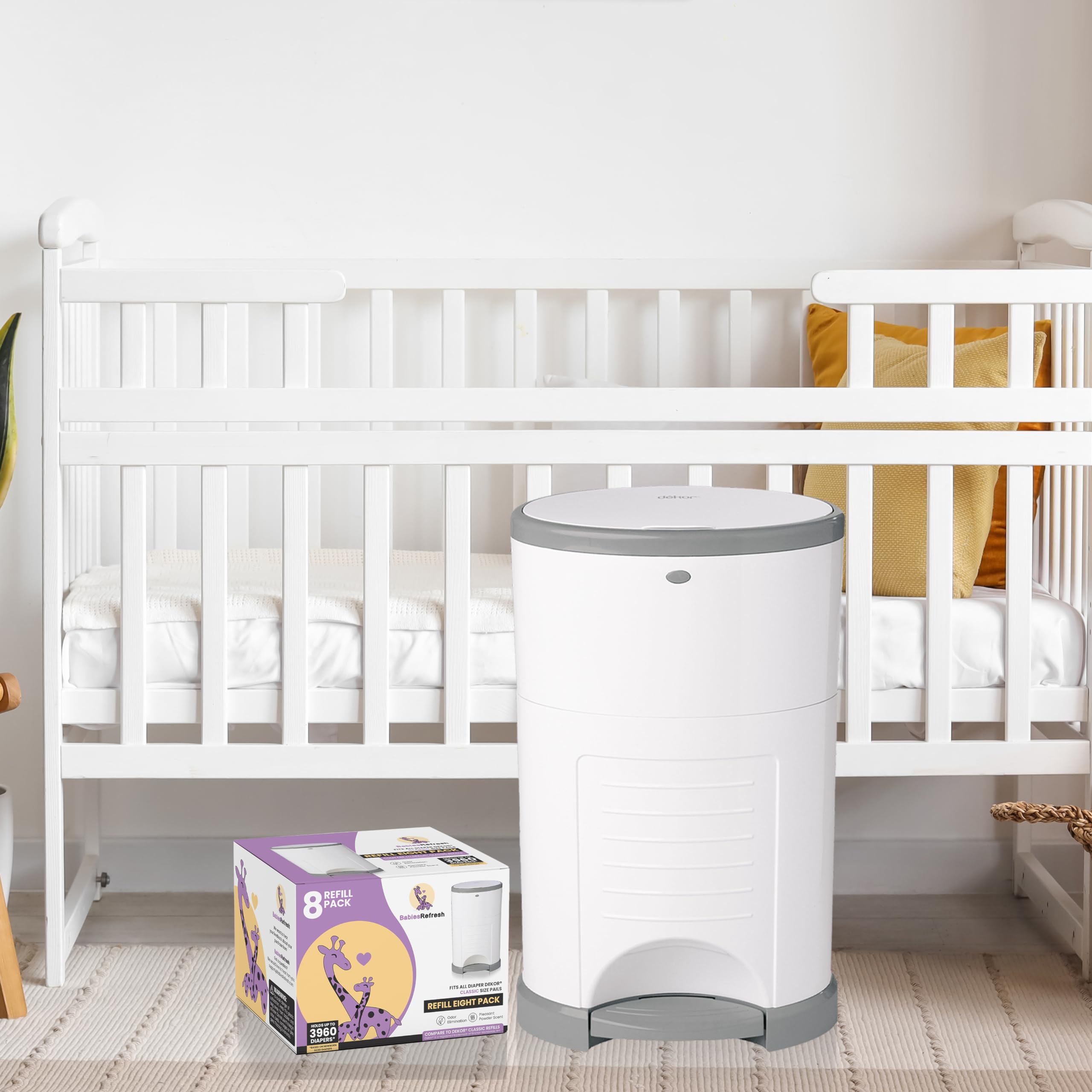 Recambios compatibles con recambios DEKOR CLASSIC para cubos de pañales | Paquete de 8 | Eliminador de olores | Aroma a polvo fresco | Cada recambio de bolsa de pañales tiene capacidad