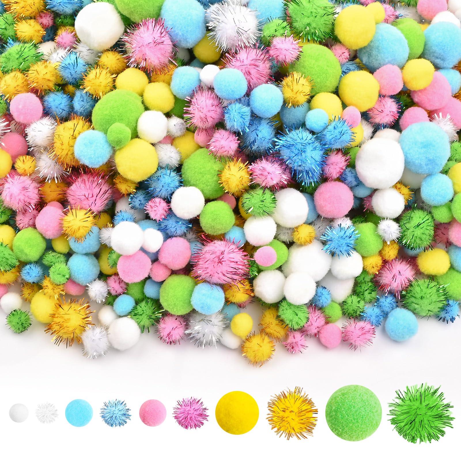 CHRORINE 1200 Pcs Pom Poms for Crafts Sparkly Assorted in 4 Sizes Pom Poms Bulk Essential for Arts DIY and Holiday Decorations (Assorted Colors)
