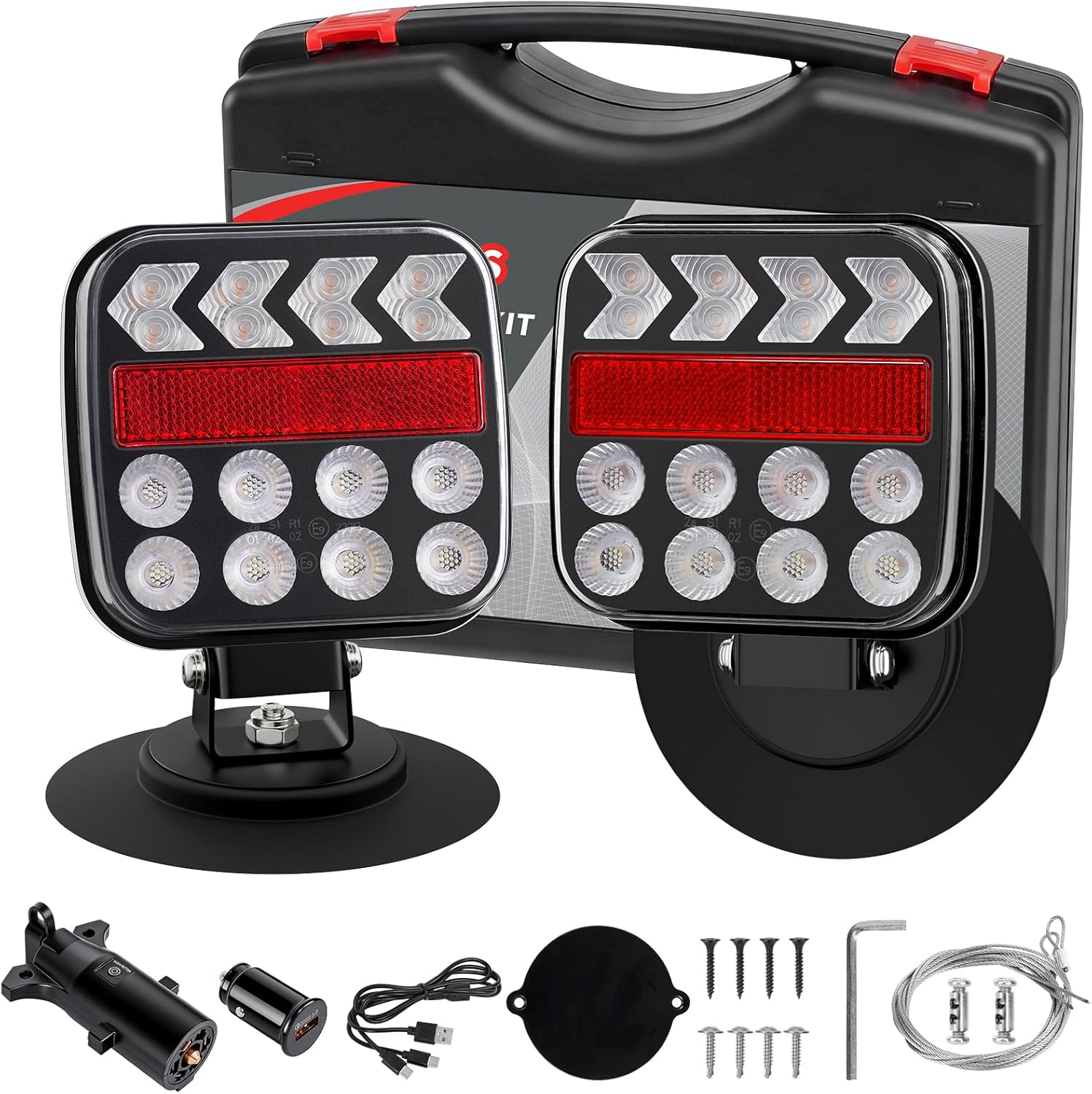 Kaunzaun Wireless Magnetic LED Trailer Lights - Portable Adjustable Towing Kit with Brake, Turn Signals, Reverse for Trucks Boats RVs