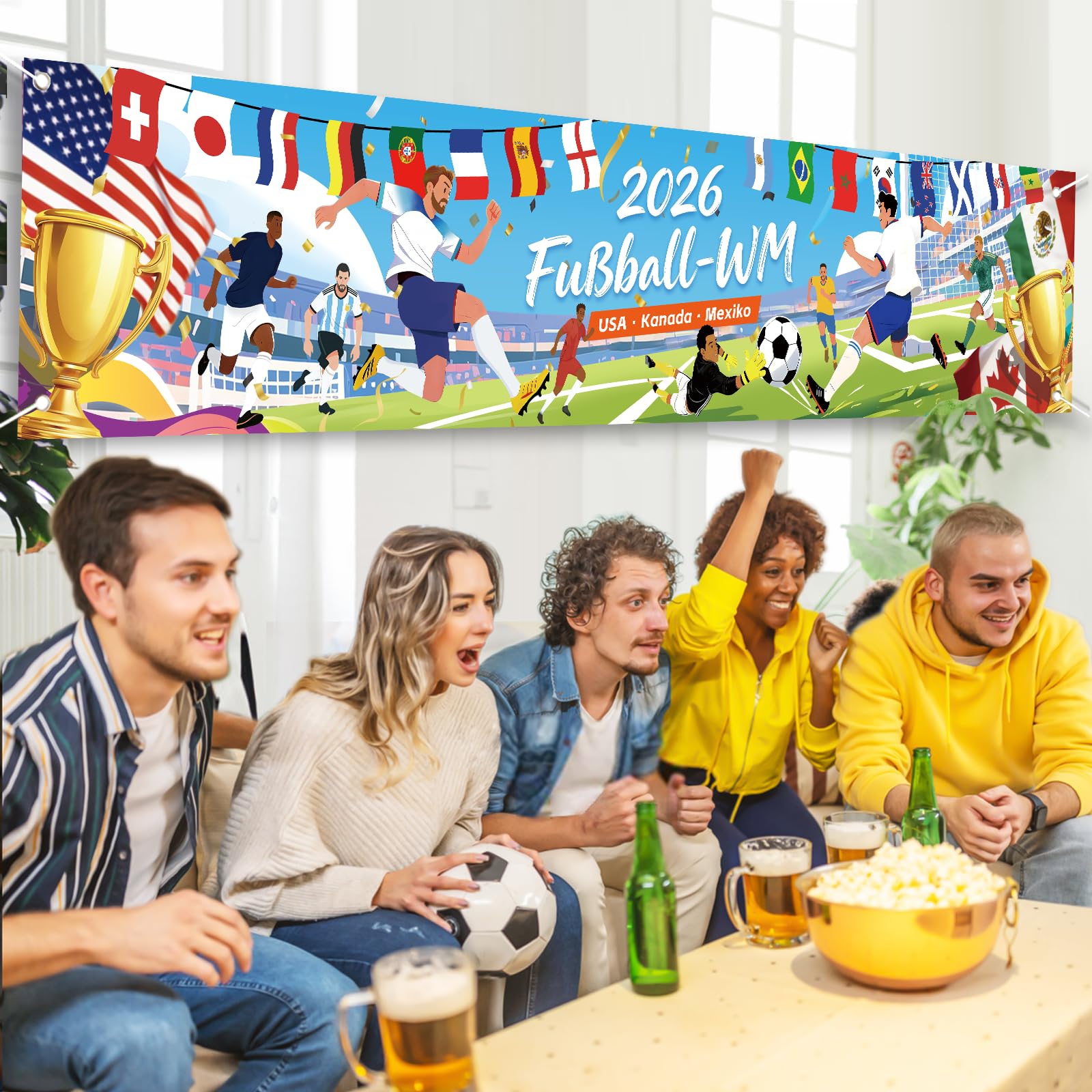 AhfuLife 2026 Fußball Banner 300 x 60cm für WM Deko, Extra Große Fussball Weltmeisterschaft banner Deko für WM Fußball Fans Party Garten Haus Bar Dekoration (Stil 1) - 5