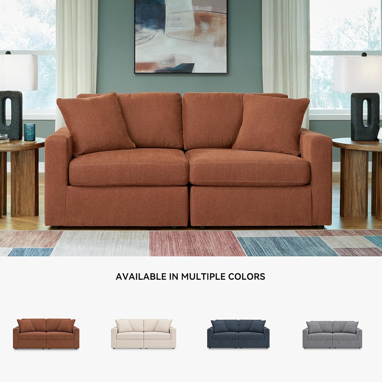 Signature Design by Ashley Modmax Modern Modular Stain Resistant 2-Piece Loveseat with Removable Covers and 2 Accent Pillows, Orange