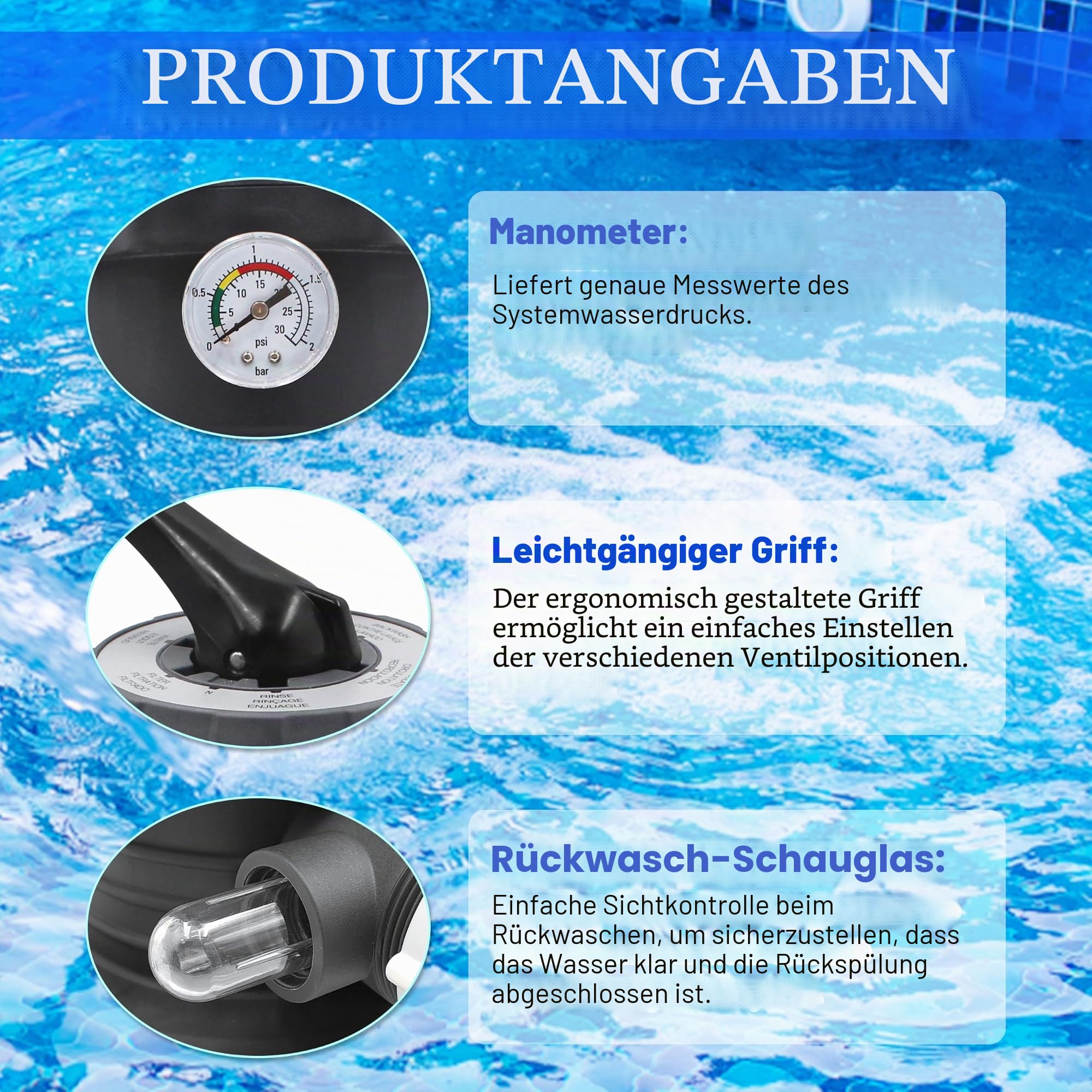 11496 6-Wege-Ventil Ersatz für Intex 2.2 cm Sandfilterpumpe | Kompatibel mit SX2800 26647EG & SX3000 26651EG Sandfilterpumpe, 6 Funktionen, mit Manometer und Schauglas, Kunststoff