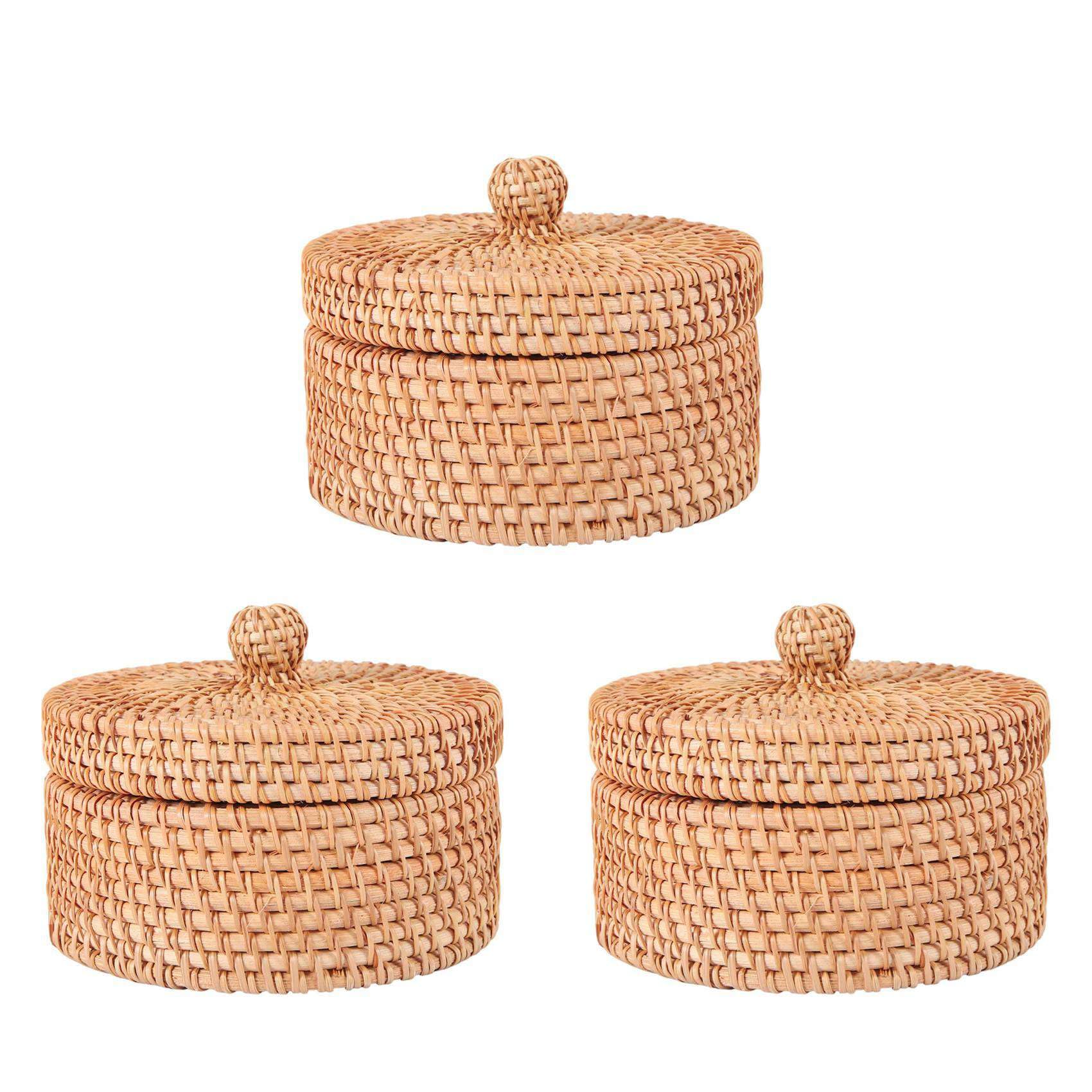Vjsujehgy 3X Handwoven Rattan Storage Box with Lid Wicker Tea Food Container Picnic Bread Fruit Cake Basket Kitchen Organizer B