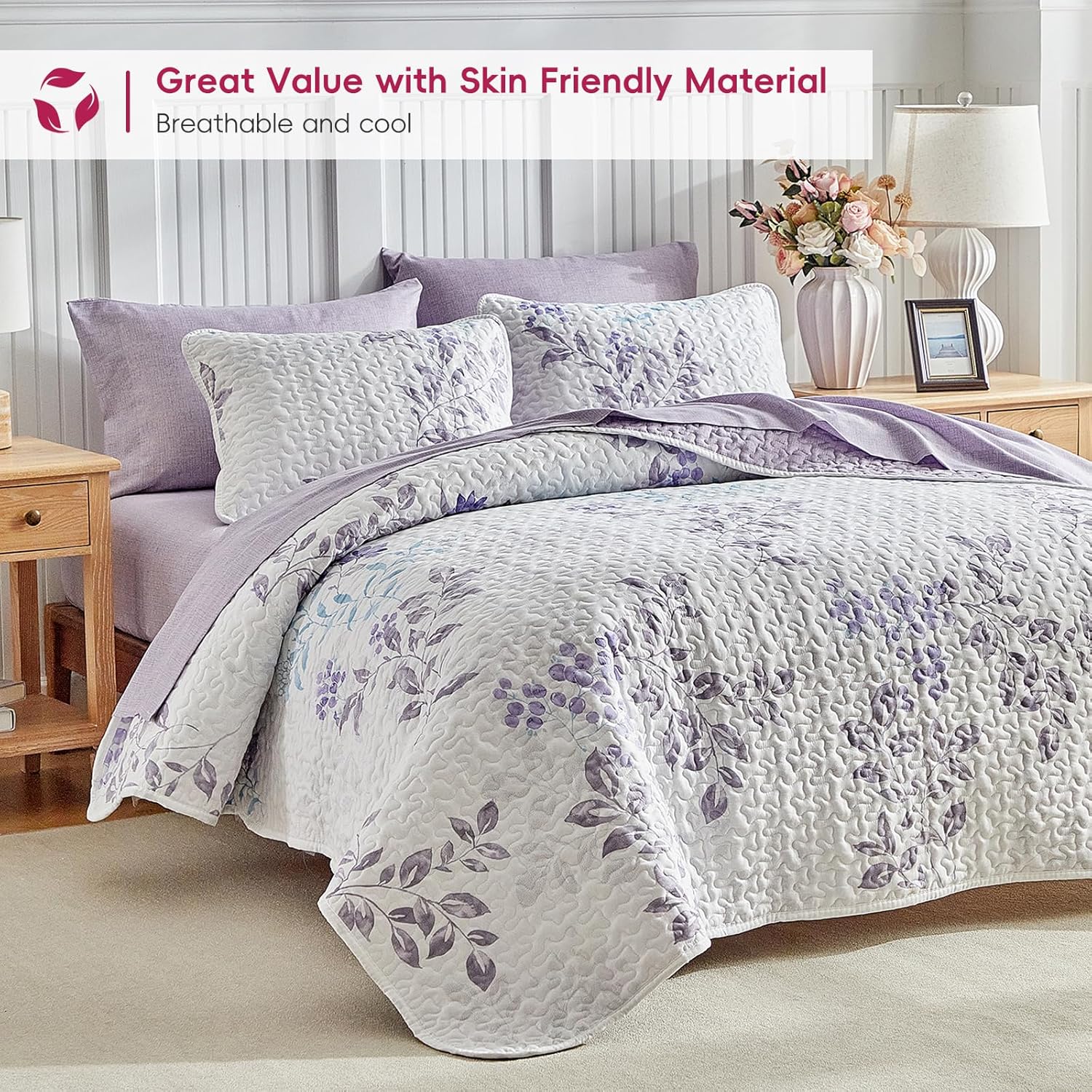 Floral Quilt Set 3 Piece Flower Quilt Sets Queen Size - Reversible Microfiber Quilt with 2 Shams Soft Breathable Botanical Bedding Spring Bedspread Coverlet Summer Comforter All Season Purple Leaves