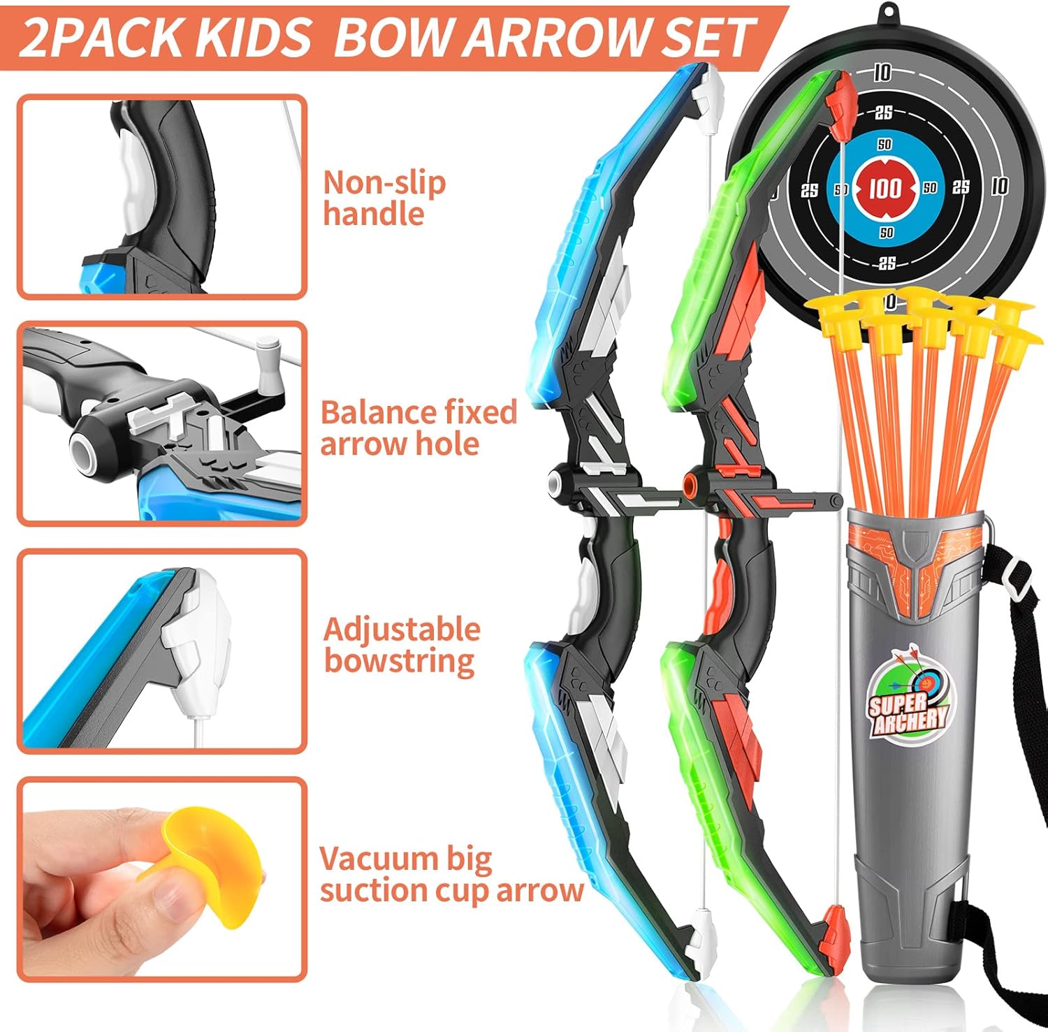 2 Pack Set Kids Archery Bow Arrow Toy Set, LED Light Up Function Cool Toys, with 2 Bow 20 Suction Cup Arrows 2 Target & 2 Shoulder-Strapped Quiver, Kids Indoor and Outdoor Toy Gifts : Sports & Outdoors