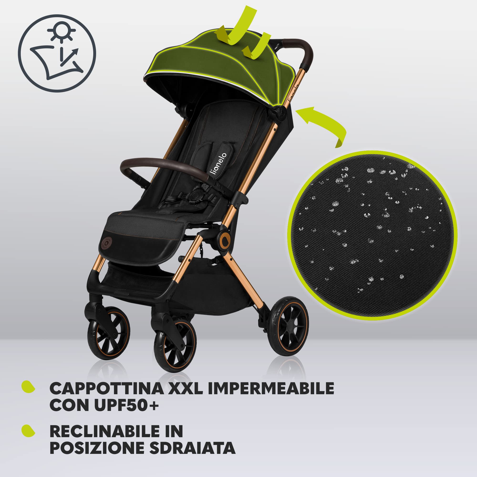 LIONELO Cloe Passeggino Leggero e Pieghevole per bambini da 6 a 48 Mesi | Passegino Compatto fino a 22 kg, Schienale Reclinabile, Posizione Distesa, Cinture a 5 Punti, Ruote XXL, Zanzariera