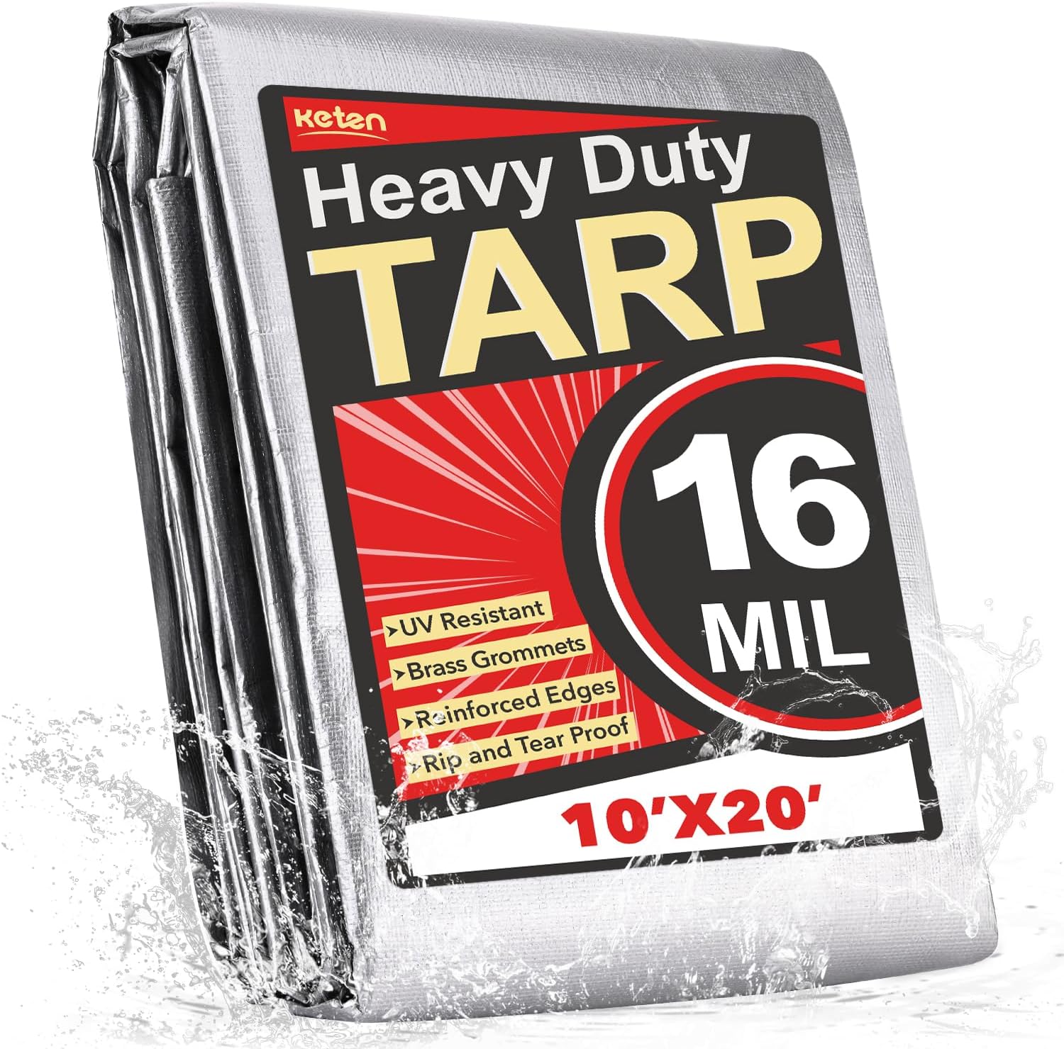 Keten Tarps Heavy Duty Waterproof 10X20 Feet, Extra Thick 16 Mil, Tear & Fade Resistant, 100% UV Blocking, Outdoor Tarp with Reinforced Grommets for Roof, Camping, Patio, Pool, Boat(Silver/Black)