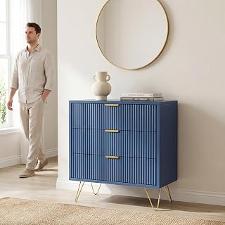 Blau 3 Drawer Dresser Wooden Storage Cabinet Dresser for Bedroom Bedside Table with 3 Drawers Metal Legs Storage Cabinet for Bedroom, Living Room and Entrance, 60 x 40 x 70 cm