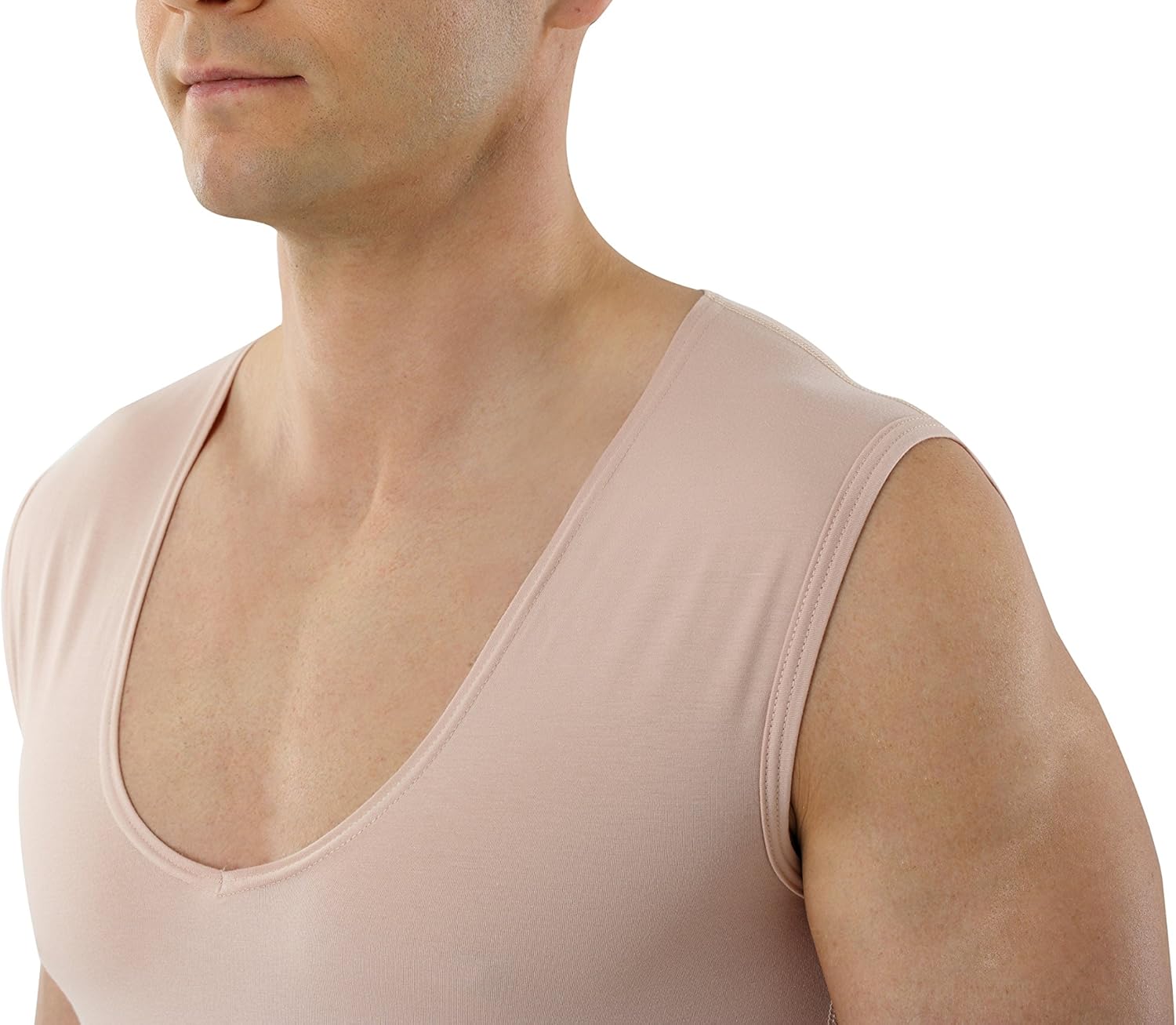 ALBERT KREUZ Men's Invisible Sleeveless Business Undershirt with deep v-Neck Stretch Cotton Nude Beige
