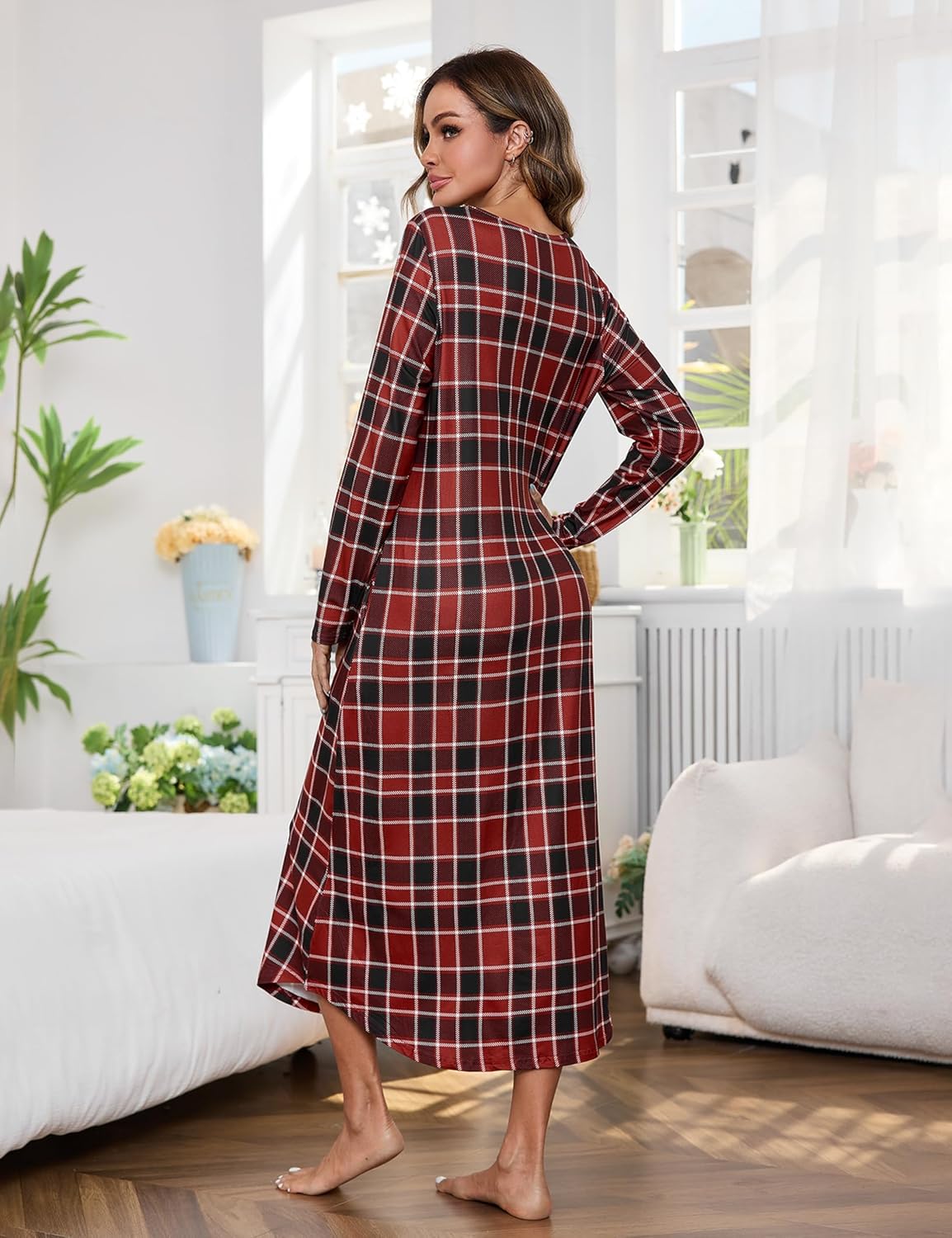 Marvmys Women Long Sleeve Nightgowns Round Neck Long Nightshirts with Pocket Sleepwears S-3XL - Image 3