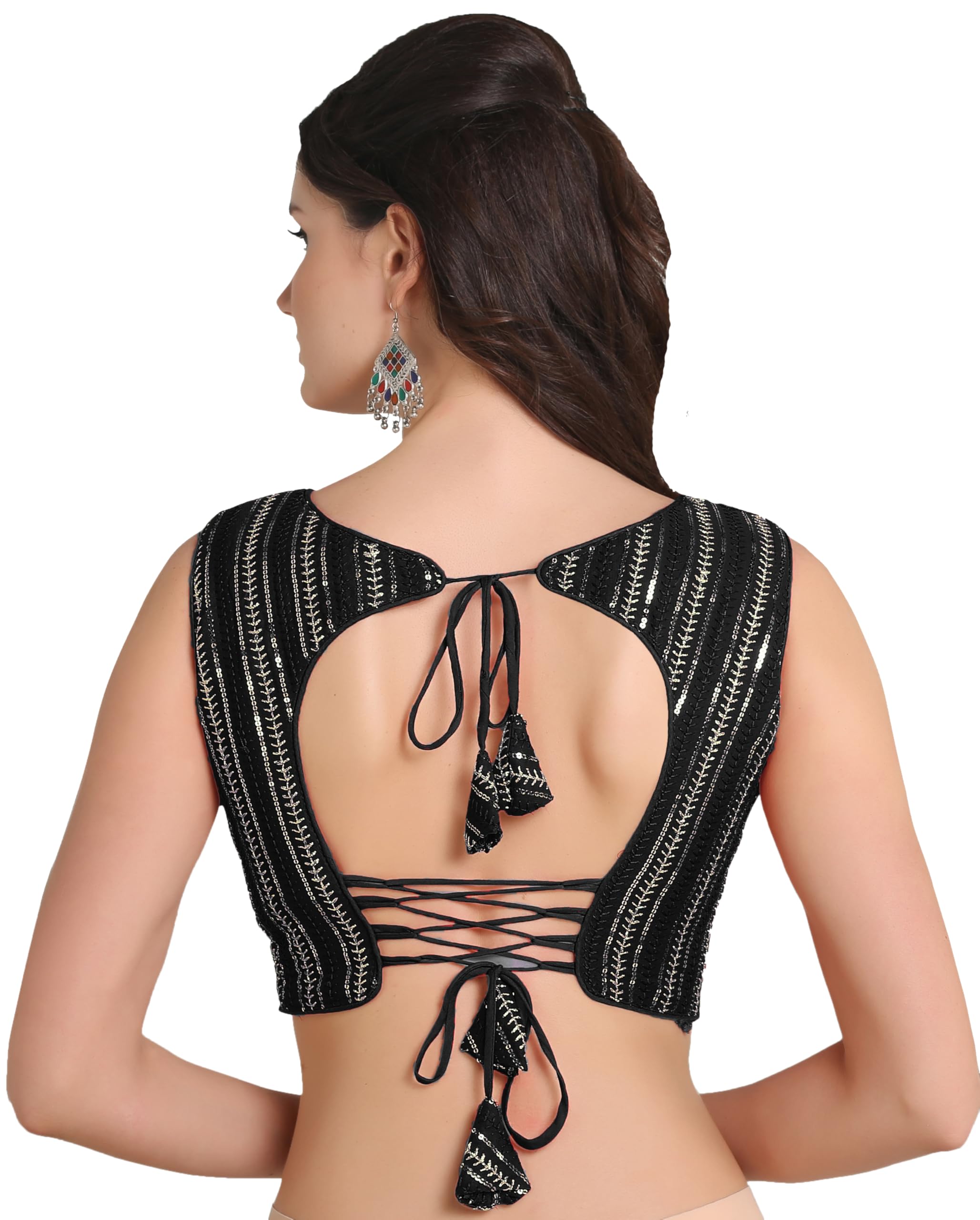 Pujia Mills Women's Indian Ethnic Wear Sabyasachi Sequence With Dhaga Embroidered Zari Work Sweetheart Neck Blouse Sleeveless Readymade Padded Saree Back Open String Pattern Blouse
