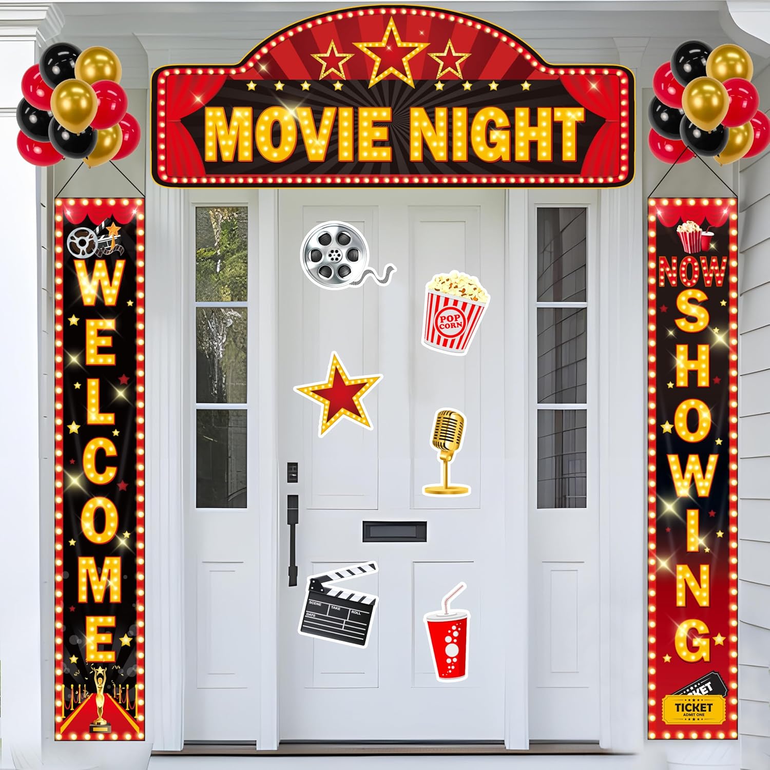 映画ナイトパーティーデコレーションセット &ndash; レッドホームシアターポーチサインバナー3点、バルーン24個、誕生日用品用小道具6個、ド