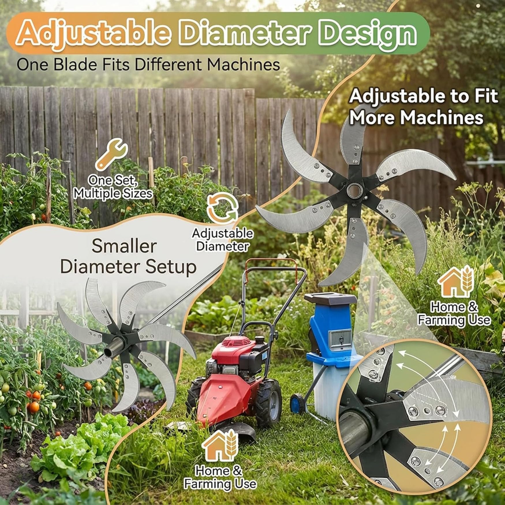 Juego de cuchillas de trituración de hierba para uso doméstico y agrícola ajustable, 4/6 cuchillas de acero inoxidable para cortar verduras y hierba para agricultores, diseño de 12 agujeros de montaje