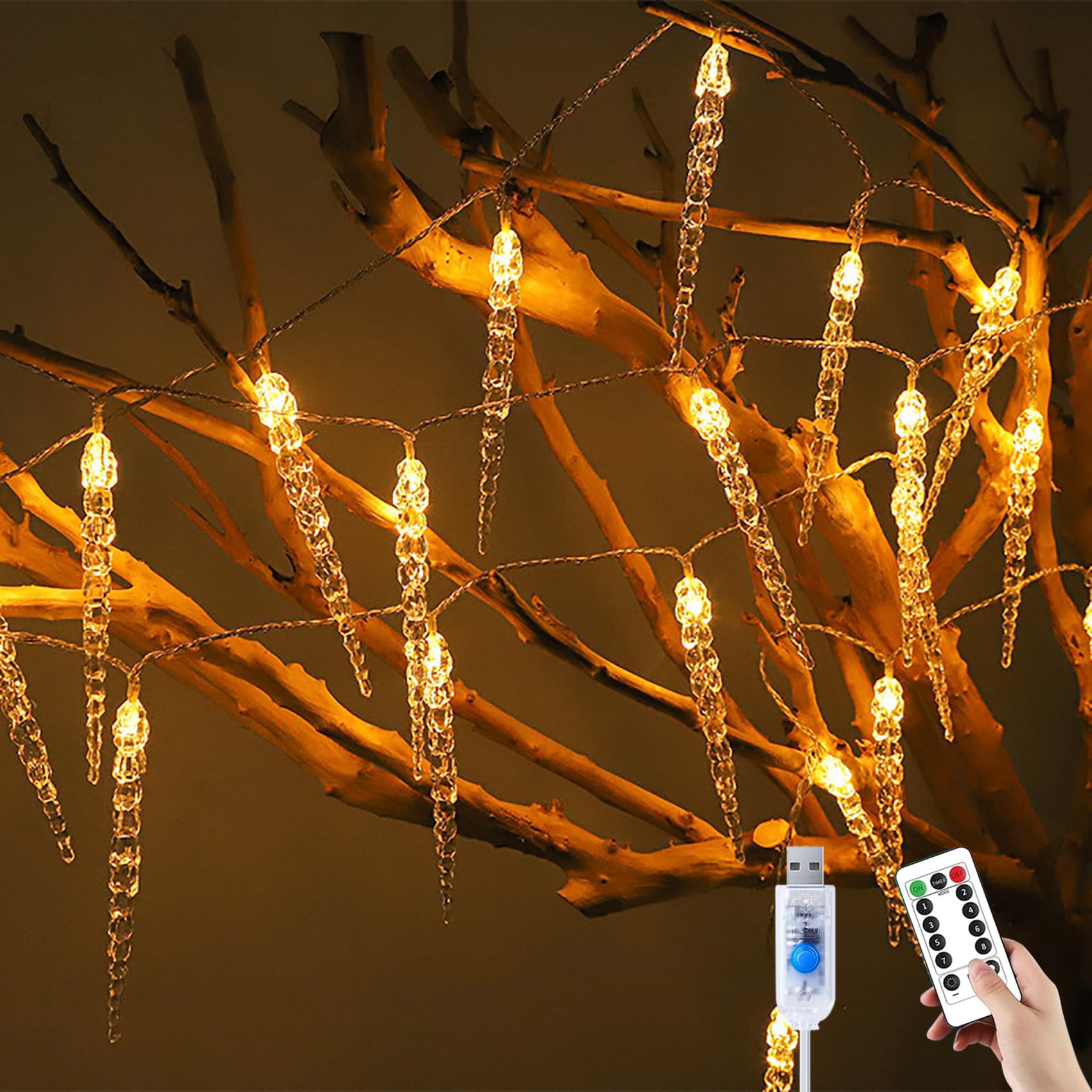 Luces de carámbano para exteriores con alimentación USB y control remoto, conexión USB, 6M/40 LED, cortina de luces de carámbano acrílico de cristal (Blanco cálido)