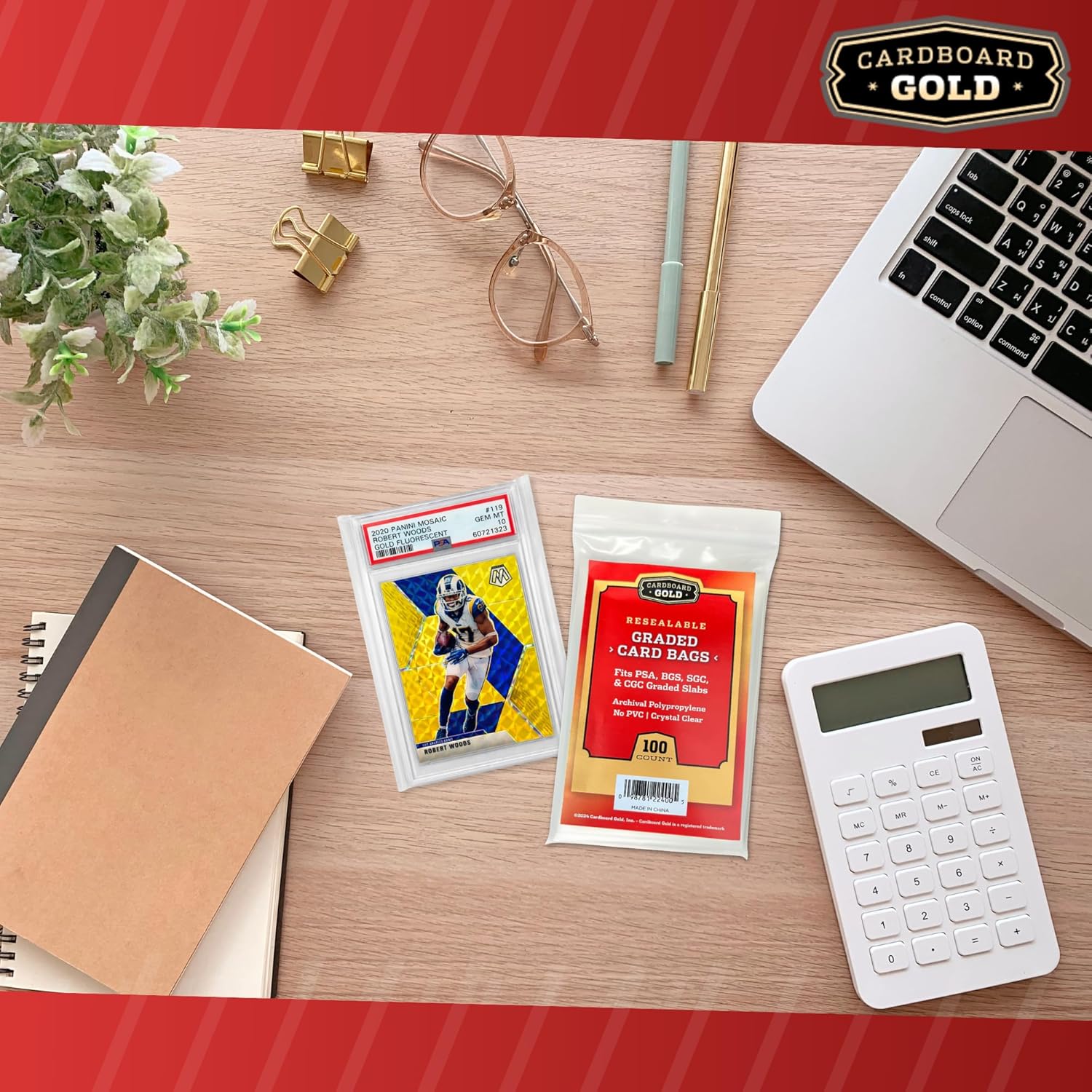 Cardboard Gold Graded Card Sleeve - Fits PSA, SGC, BGS, CGC Trading Cards - Slab Sleeves w/Adhesive Flap - Archival Safe, PVC-Free Protector Bags for Baseball, Sports, Gaming Cards - 100 ct