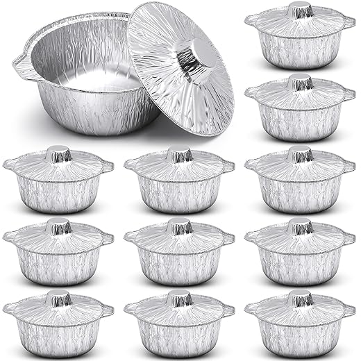Disposable Aluminum Pot with Lid Round Foil Pans Disposable Cookware Food Container for Vacation Trips Camping Baking Heating Cooking(12 Pcs,74.4 oz)