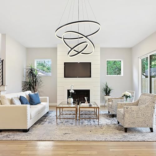 Miniatura 8 de Lámpara LED moderna de 3 anillos D23.6 pulgadas, contemporánea, regulable, montaje empotrado, techo alto, con control remoto para cocina, comedor,