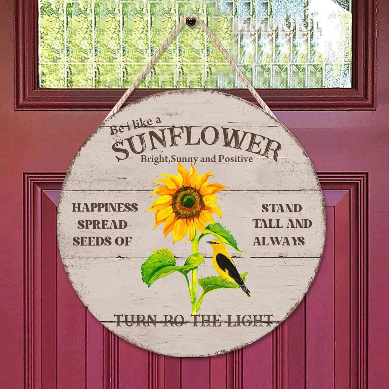 Vintage Wall Door Hanging Sign, Sunflower Wood Door Sign, Happiness 16x16in Front Door Round Wood Sign Farmhouse Backyard Door Hanger Wall Decor Housewarming Gifts