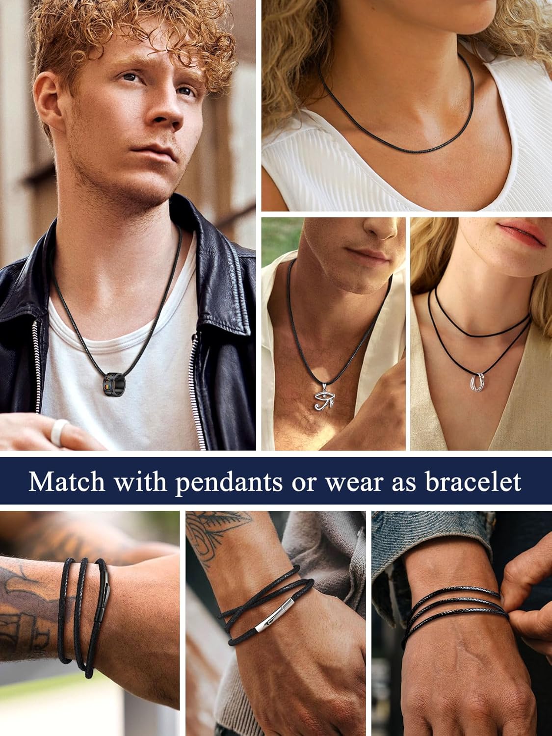 Suplight Waterproof Braided Leather Cord Chain Necklace for Men Women, Woven Wax Rope Chain for Pendant, Leather Necklaces Customize Available with Strong Clasp, 2/3mm Width 16" 18" 20"...30" Length - Image 2
