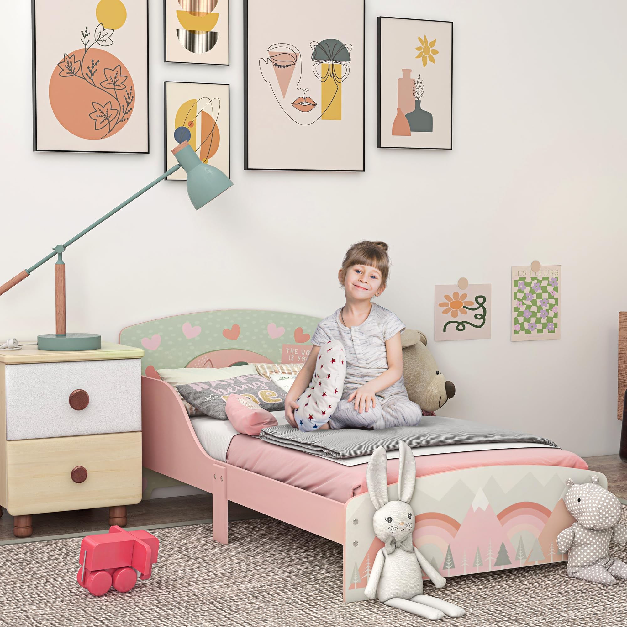 ZONEKIZ Toddler Bed Frame - Pink - Kids Bedroom Furniture for Ages 3-6 Years