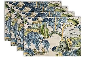 Chinoiserie Placemats Asian Blue & Kelly Green Washable Table Mats (Set of 4)