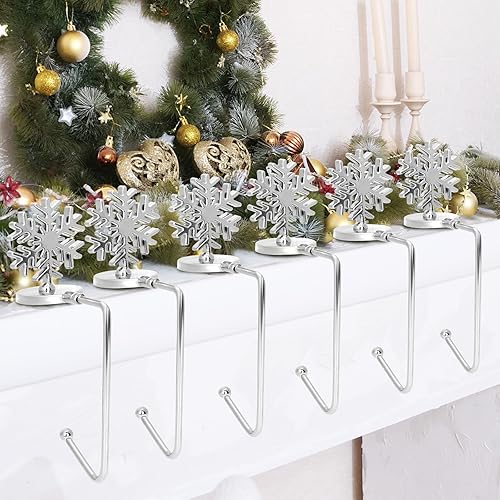 CONMISE Juego de 6 soportes para calcetines de Navidad, soportes para calcetines de copo de nieve para manto, ganchos plateados para chimenea,