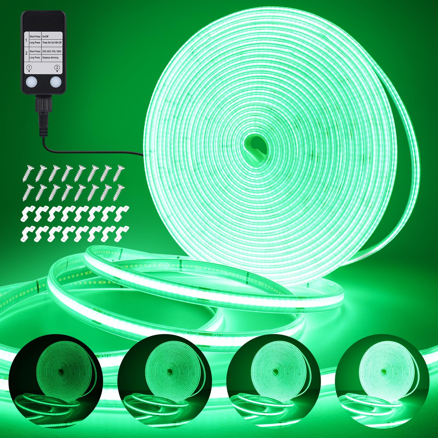 StarryEver 10M Green Led Strip Lights, Outdoor 3200 LEDs 24V CRI90+ Dimmable Plug-in COB Light Strip Waterproof, Timer LED Strips with UKCA Power Supply for Kitchen, Camping, DIY, Home Decoration
