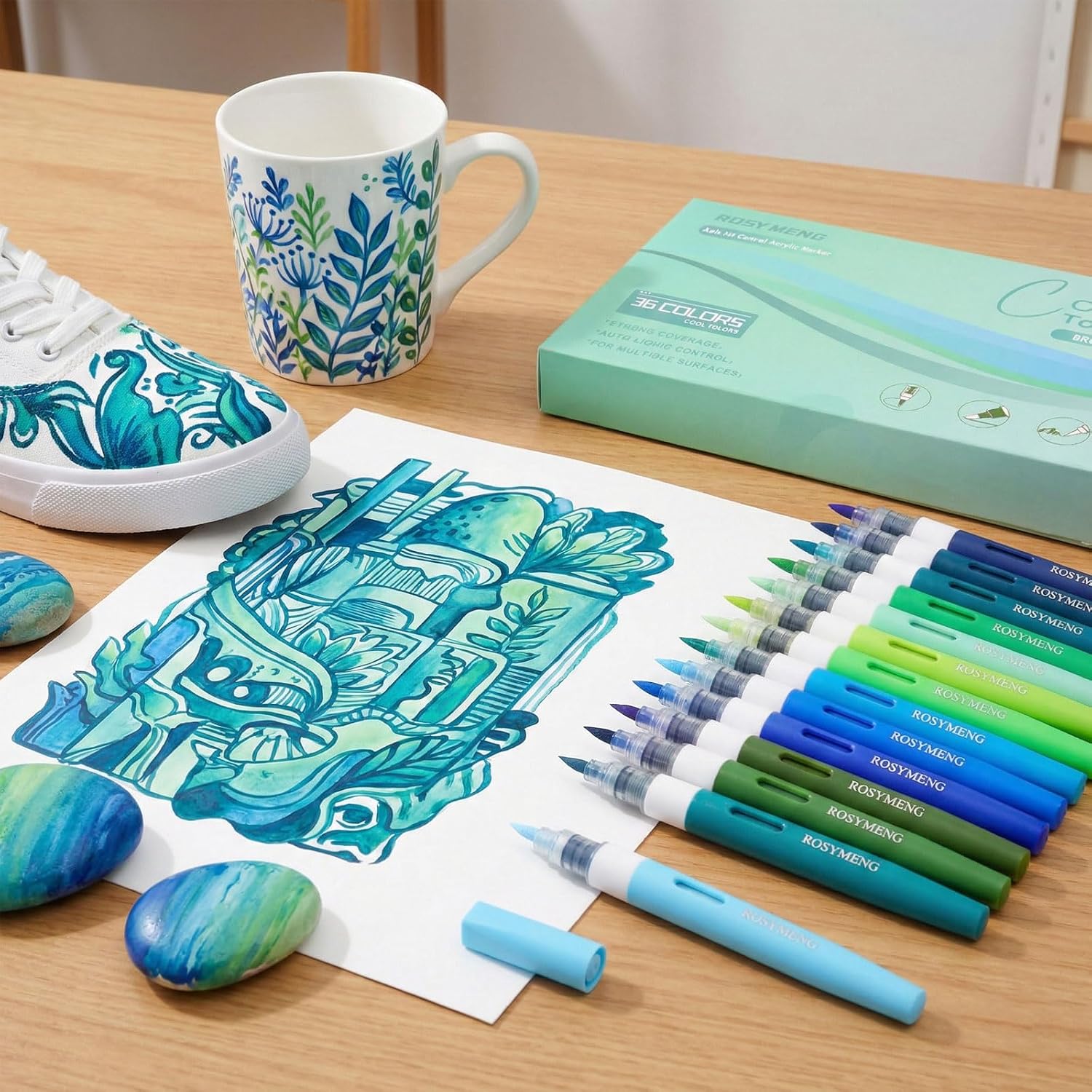 ROSYMENG Green Blue Art Markers: 36 Colors Acrylic Paint Pen Set with Soft Brush Tip, Straight Liquid Quick-Dry Design, Drawing Supplies for Adult Coloring Books, Rock, Wood, Glass, Fabric