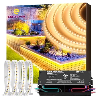 EMITEVER Outdoor LED Strip Lights Waterproof IP67,24V DC LED Tape Light, Warm White 3000K, UL 2.9W/ft,240+Lumens/ft,16.4ft+96W Dimming Led Driver