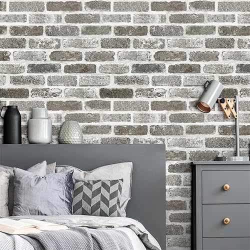 Orainege Papel tapiz de ladrillo gris para despegar y pegar, papel de contacto de ladrillo sintético, 17.7 x 118.1 pulgadas, papel tapiz de ladrillo