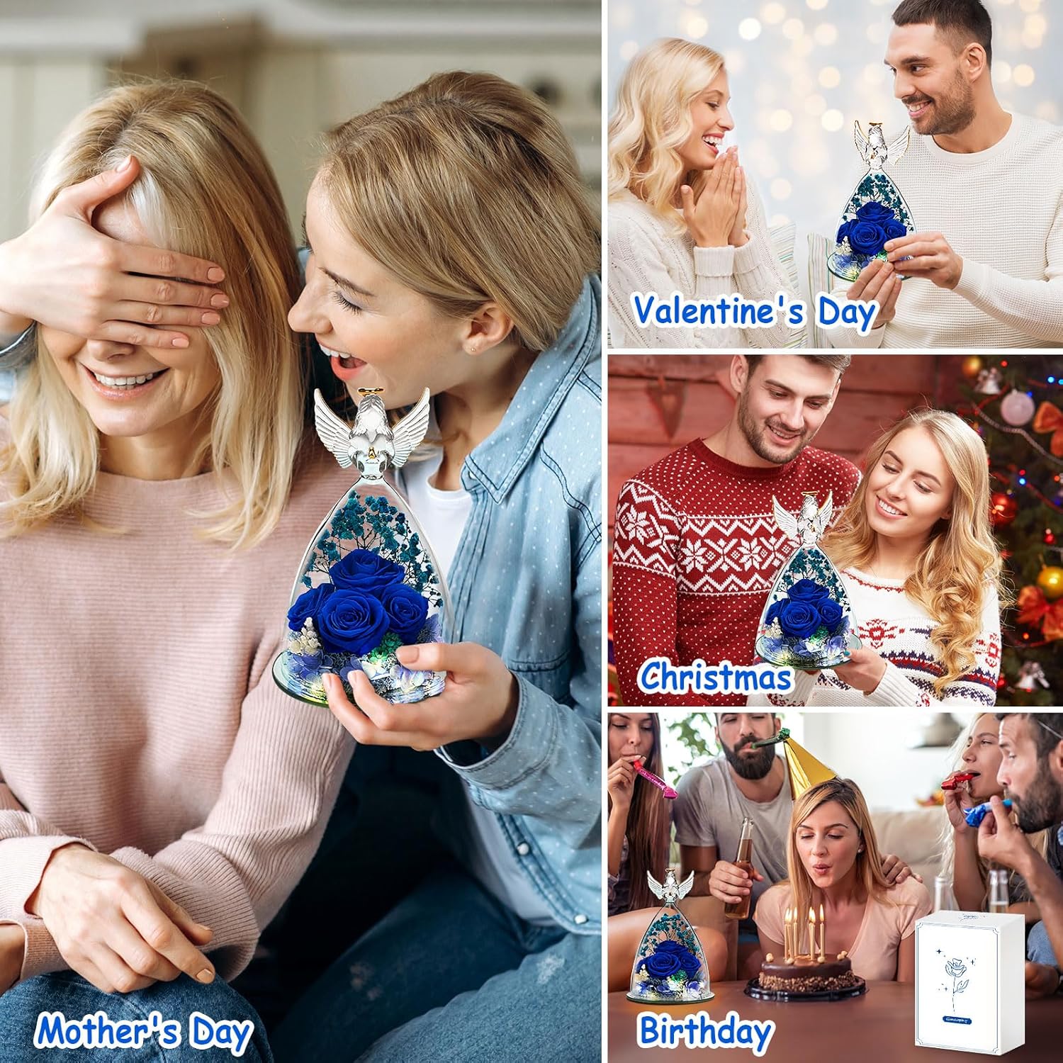 Mom Gifts from Daughter Son, Mothers Day Rose Gifts for Mom Grandma Women Wife, Angel Figurines with Real Blue Rose Gifts for Her, Mother's Day Flower Gift Ideas, Preserved Rose in Glass for Birthday
