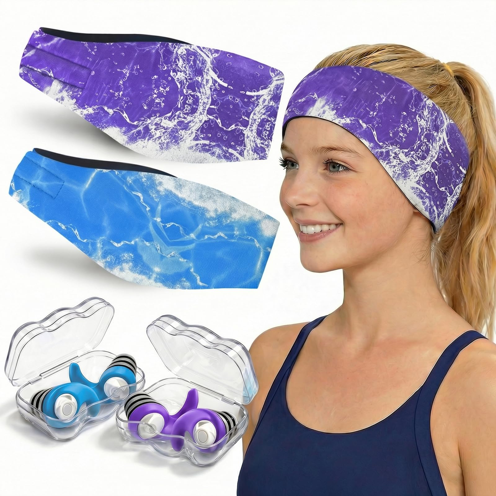 Schwimmen Stirnband für Kinder - 2 Paar Schwimm Ohrstöpsel & Neopren Schwimmband,Hohe Elastizität & Klettverschluss