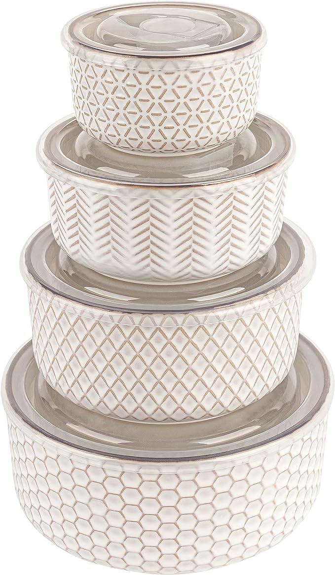 KooK Mixing Bowls, with Lids, Ceramic Nesting Bowls, Space Saving, Set of 4, Embossed, Kitchen, Prep, Stackable, Mix, Gift, Microwave and Dishwasher Safe, 10/16/29/47 oz, Narbonne Collection (Ivory)