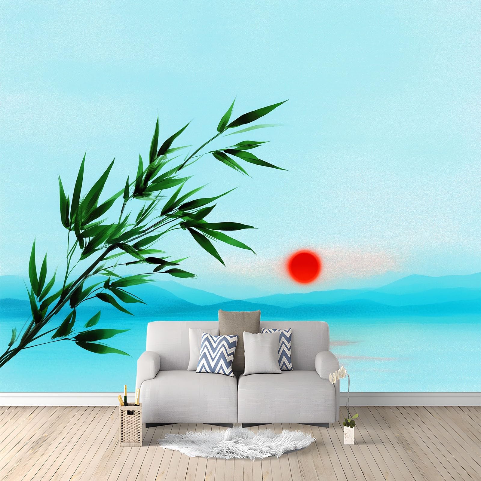 Fototapeta 3D z włókniny, 200 x 140 cm, mural ścienny, orientalny, urok, natura, rośliny, liście bambusa, mural tapeta, niebieska sztuka ścienna do salonu, sypialni, pokoju dziecięcego, telewizora