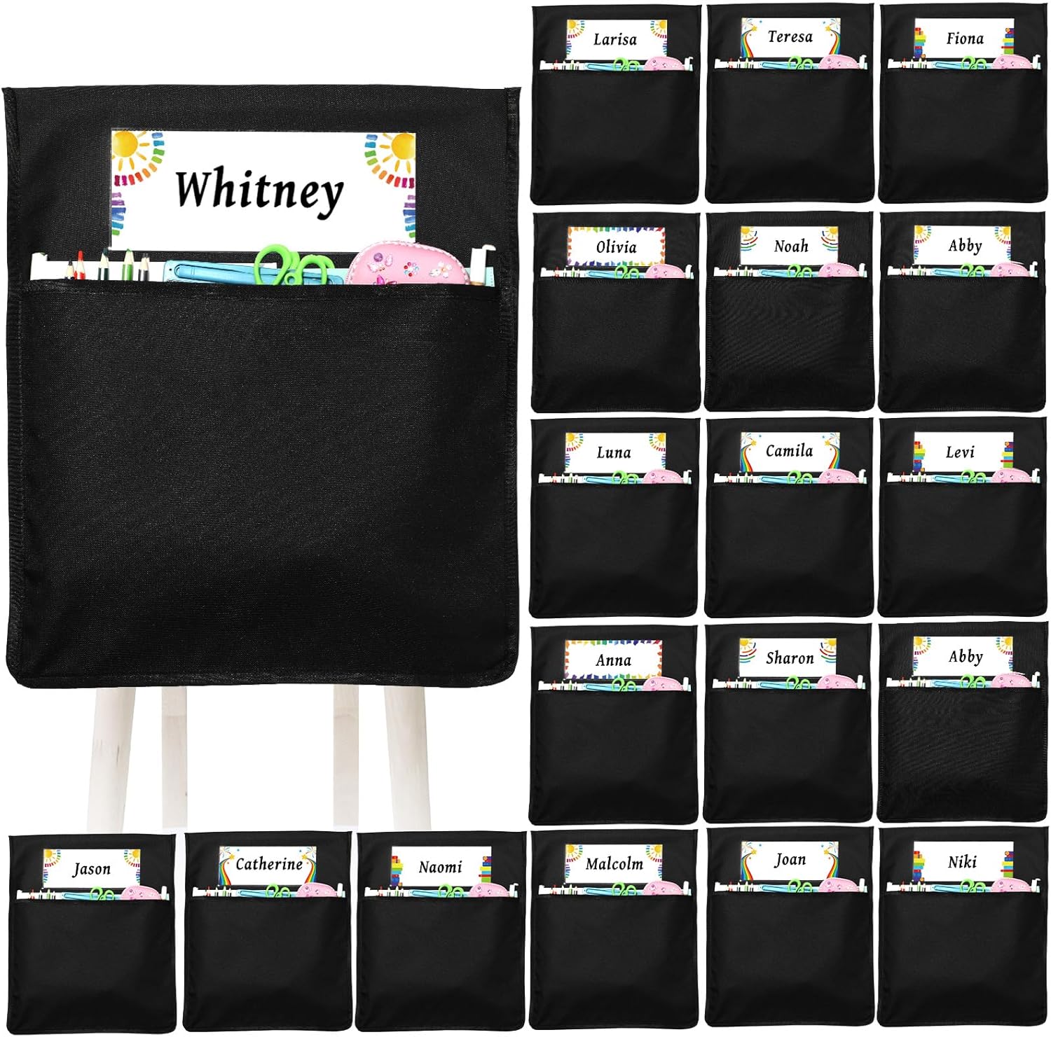 gisgfim 18 Pcs Chair Pockets for Classroom Large 19 x 17 inch Chairback Pocket Chart Seat Sacks Chairs Seat Back Organizer with Name Tag for Kindergarten School Home Teacher Supplies(Black)